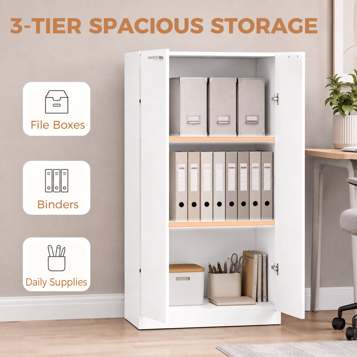 120 cm Tall Storage Cabinet Cupboard, 3-Tier File Organiser Wooden Filing Cabinet, Soft-Close Hinges, for Tool Garage Storage, Home Office, Study, Living Room, White