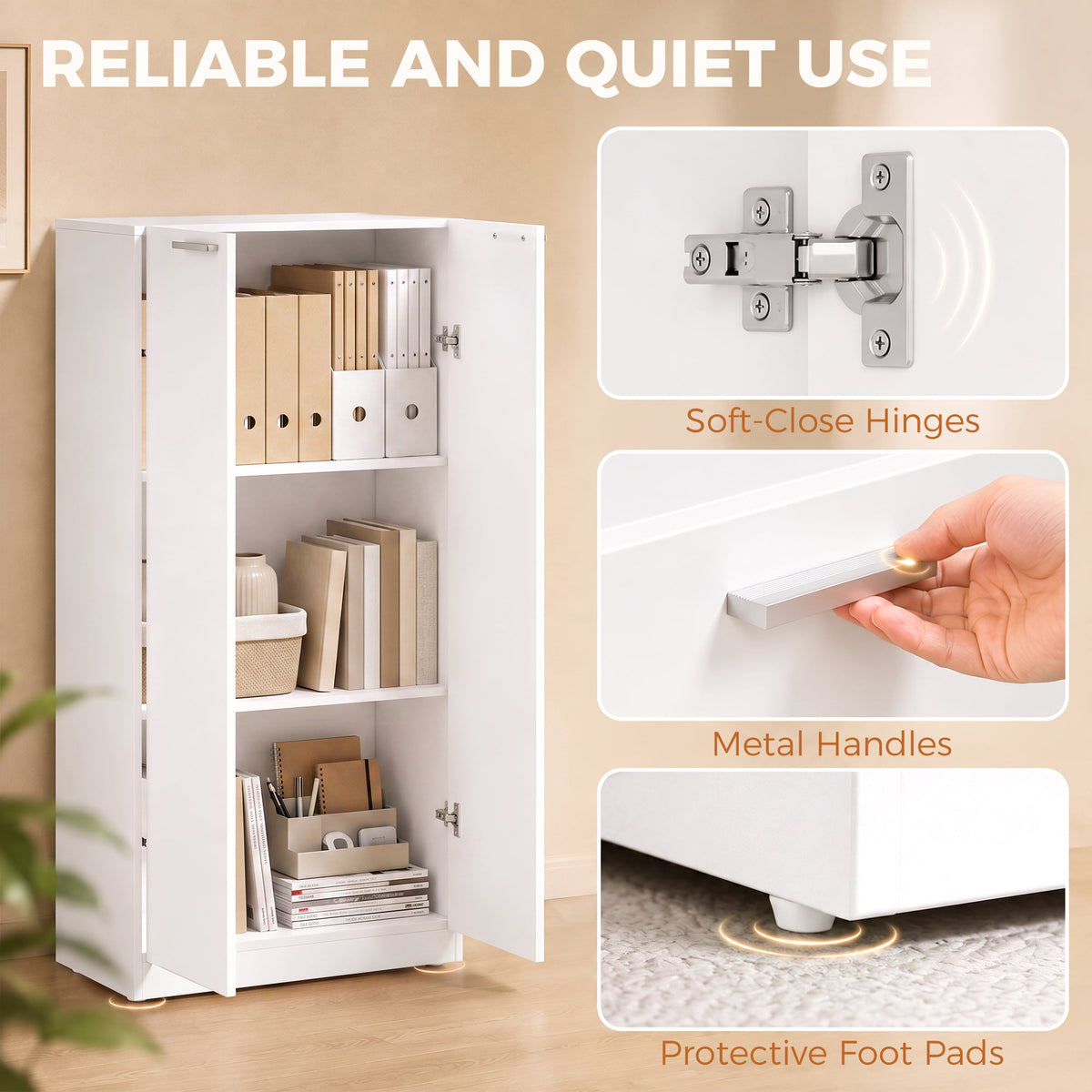 120 cm Tall Storage Cabinet Cupboard, 3-Tier File Organiser Wooden Filing Cabinet, Soft-Close Hinges, for Tool Garage Storage, Home Office, Study, Living Room, White