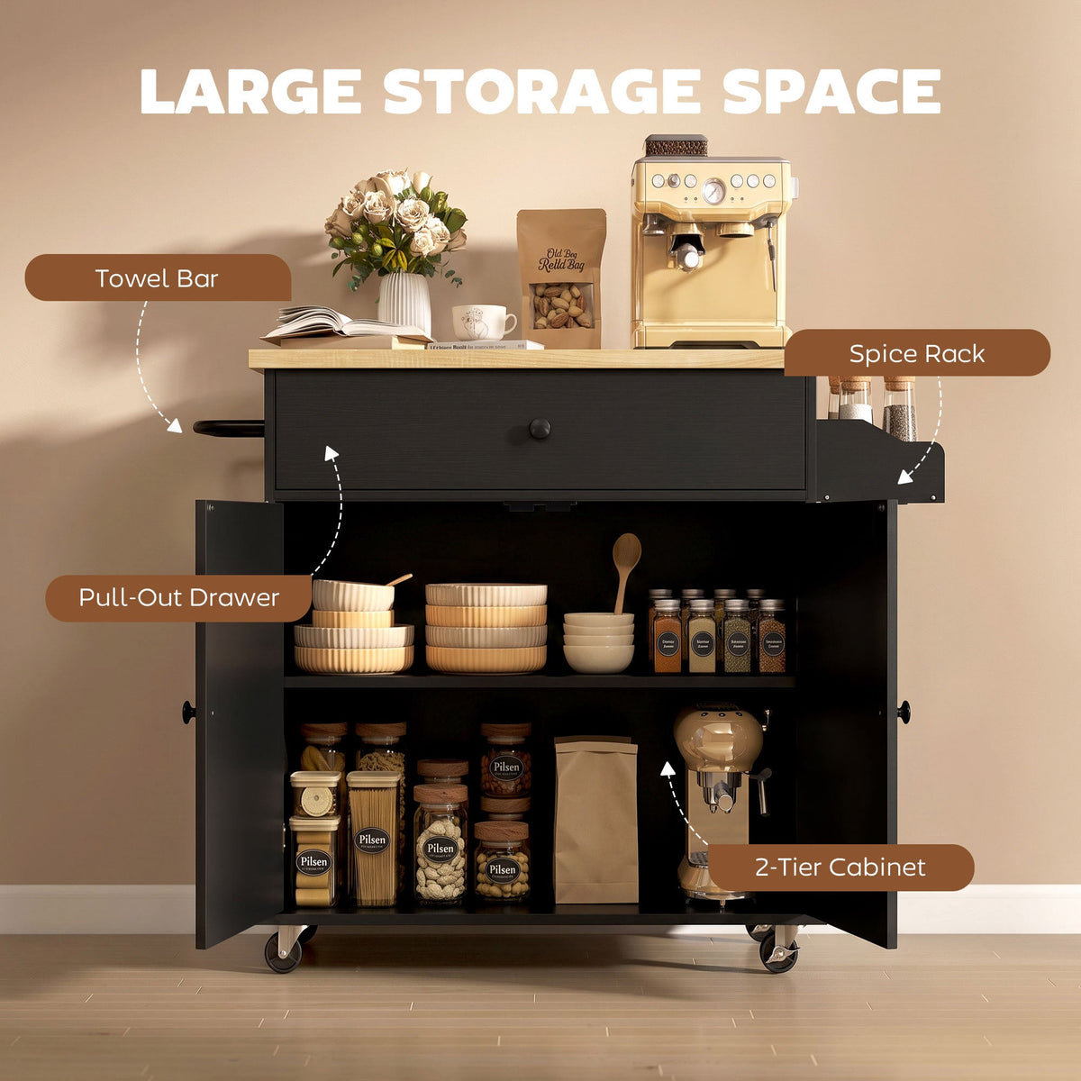 Kitchen Island with Drop Leaf, Rolling Kitchen Storage Trolley on Wheels with Drawer, Spice Rack and Towel Rack, Storage Cart with Adjustable Shelf, Black