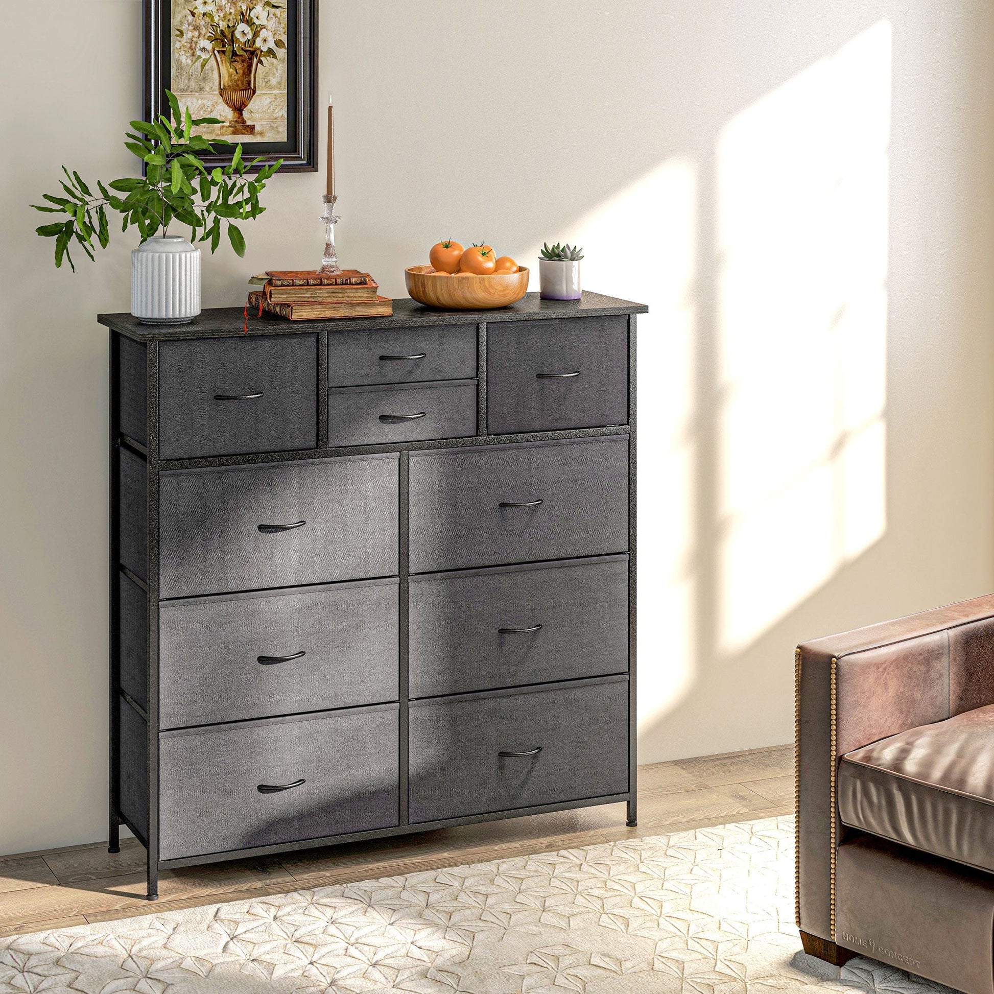 HOMCOM Chest of Drawers for Bedroom, Fabric Dresser, 10 Drawer Storage Organizer Unit with Foldable Drawers and Steel Frame, Black
