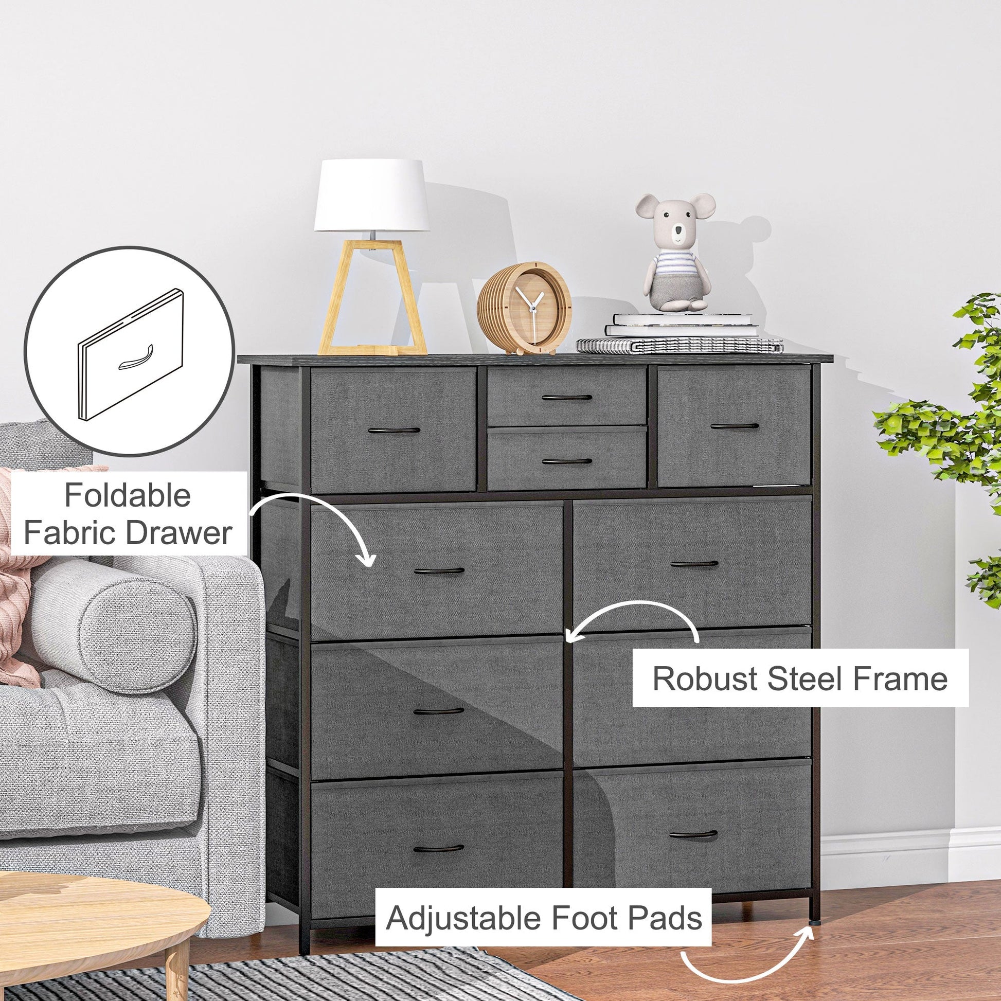HOMCOM Chest of Drawers for Bedroom, Fabric Dresser, 10 Drawer Storage Organizer Unit with Foldable Drawers and Steel Frame, Black