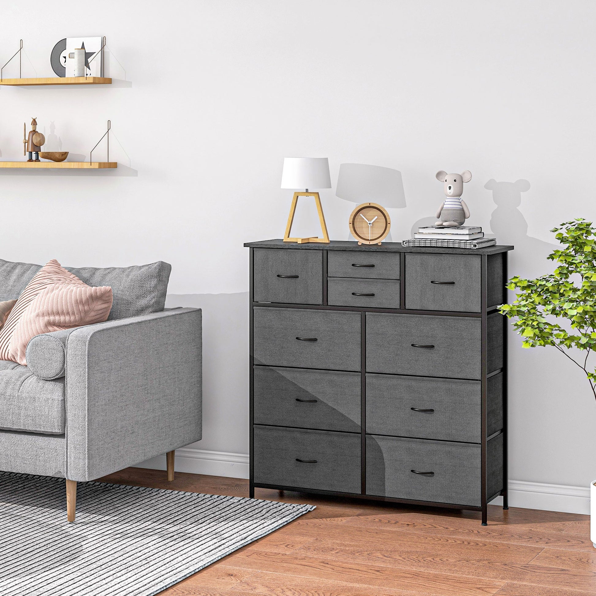 HOMCOM Chest of Drawers for Bedroom, Fabric Dresser, 10 Drawer Storage Organizer Unit with Foldable Drawers and Steel Frame, Black