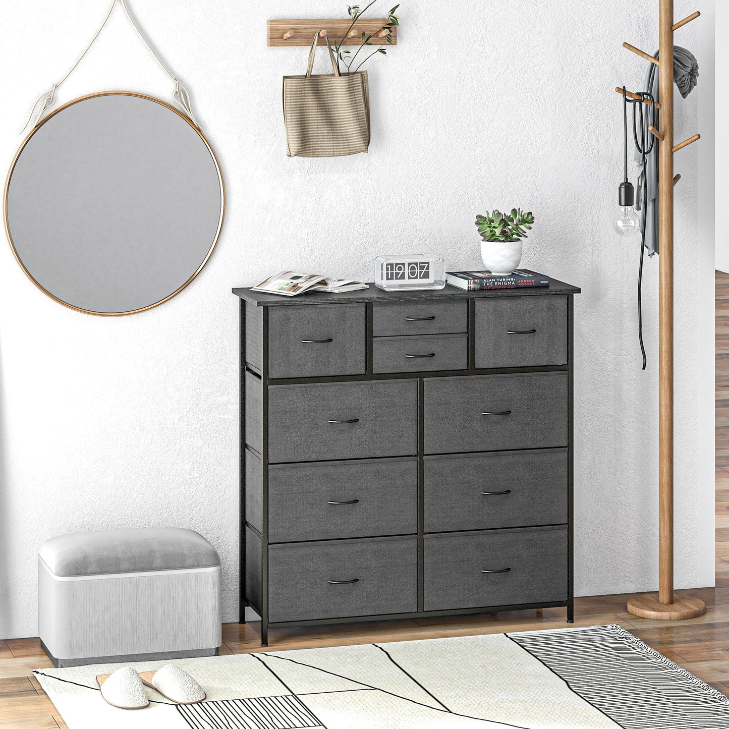 HOMCOM Chest of Drawers for Bedroom, Fabric Dresser, 10 Drawer Storage Organizer Unit with Foldable Drawers and Steel Frame, Black