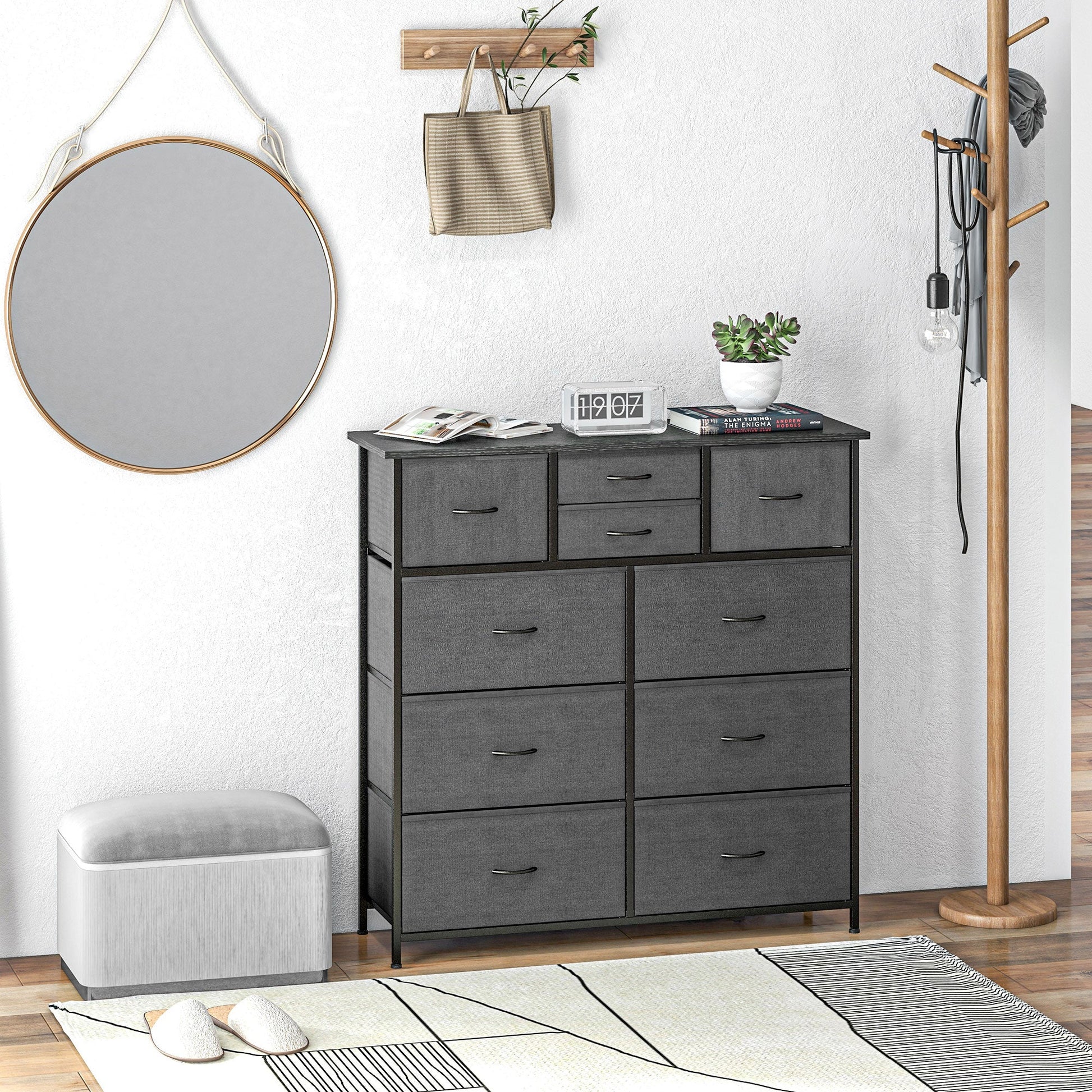 HOMCOM Chest of Drawers for Bedroom, Fabric Dresser, 10 Drawer Storage Organizer Unit with Foldable Drawers and Steel Frame, Black