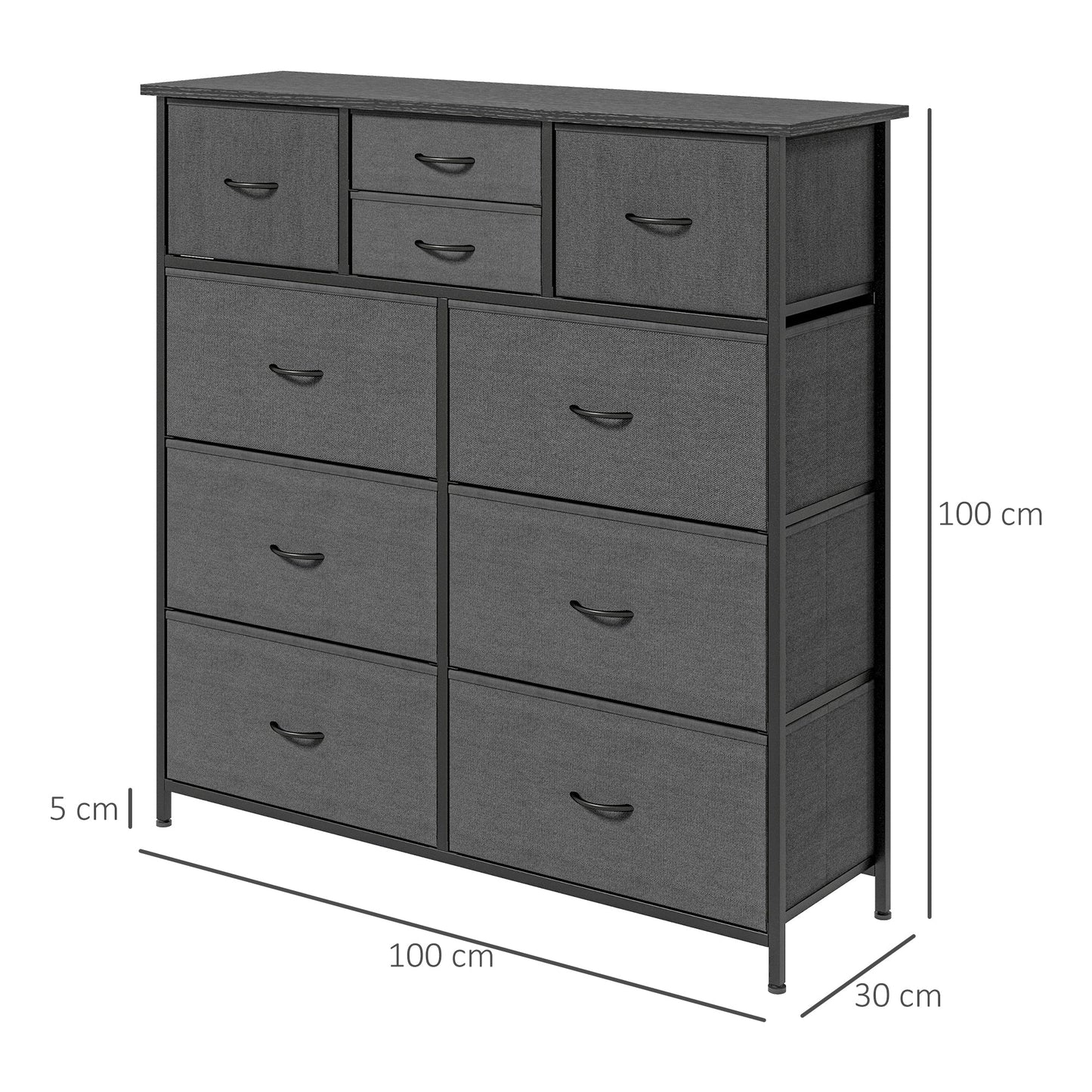 HOMCOM Chest of Drawers for Bedroom, Fabric Dresser, 10 Drawer Storage Organizer Unit with Foldable Drawers and Steel Frame, Black