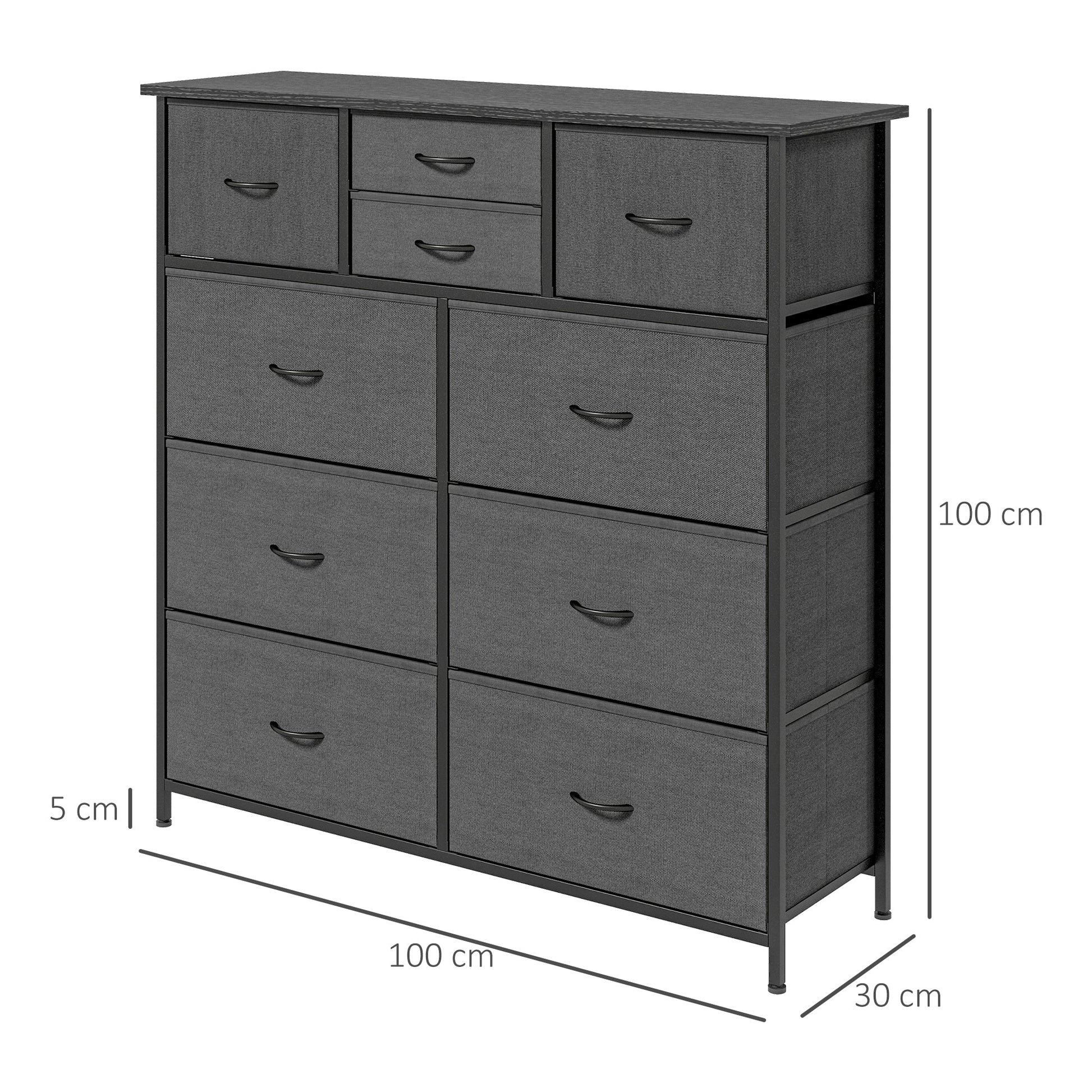 HOMCOM Chest of Drawers for Bedroom, Fabric Dresser, 10 Drawer Storage Organizer Unit with Foldable Drawers and Steel Frame, Black