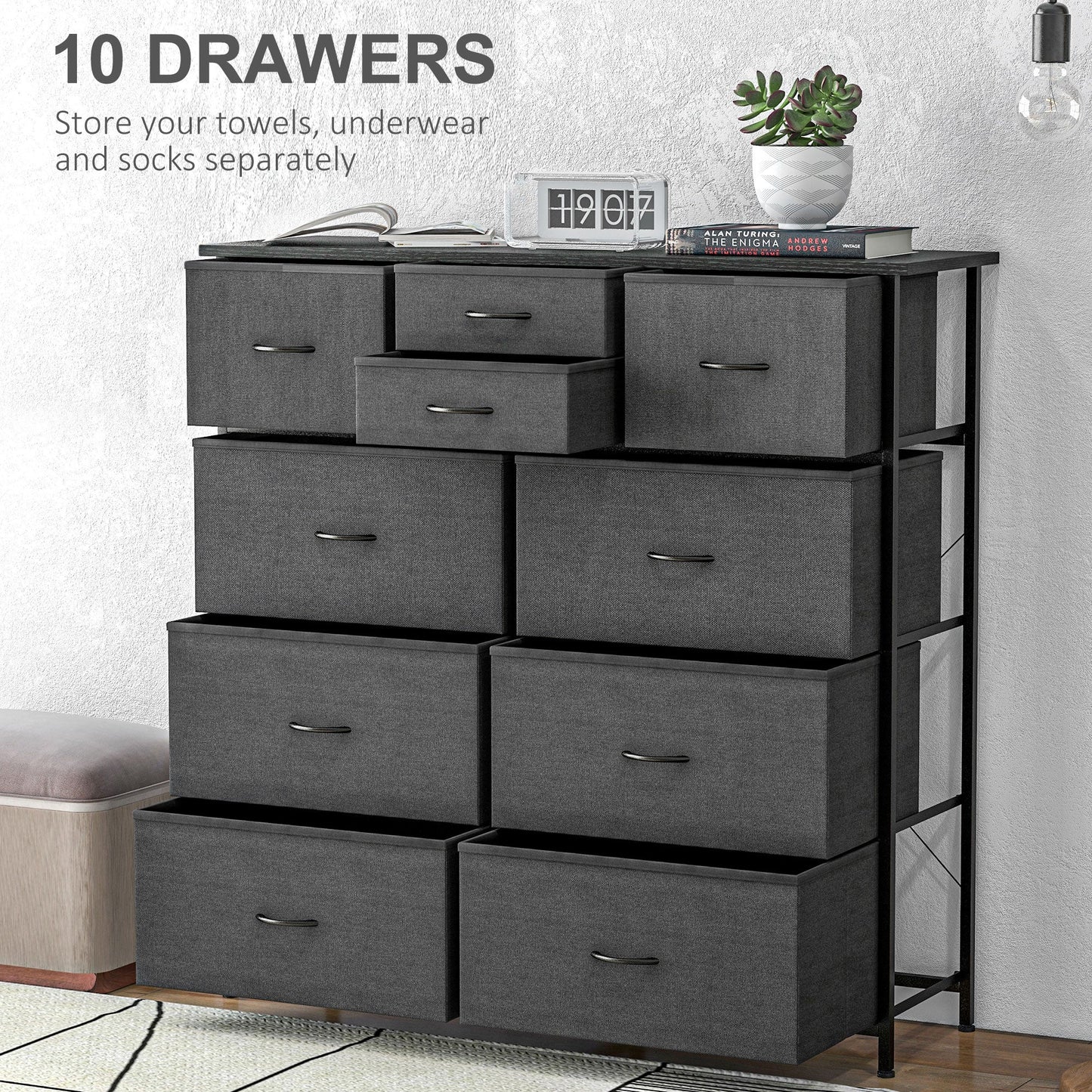 HOMCOM Chest of Drawers for Bedroom, Fabric Dresser, 10 Drawer Storage Organizer Unit with Foldable Drawers and Steel Frame, Black