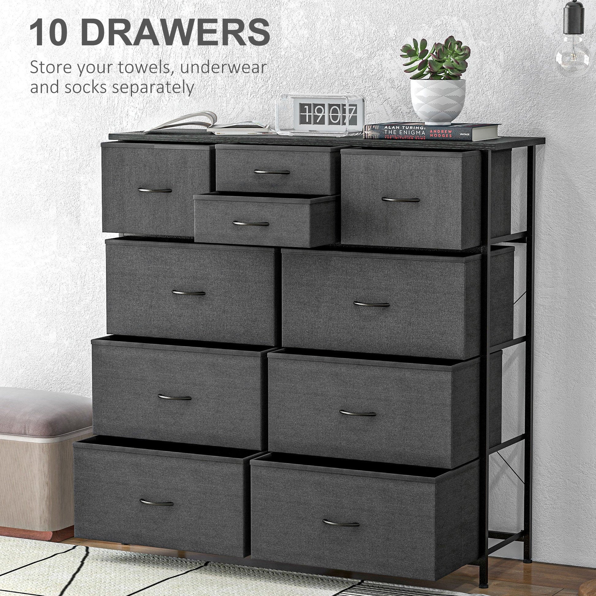 HOMCOM Chest of Drawers for Bedroom, Fabric Dresser, 10 Drawer Storage Organizer Unit with Foldable Drawers and Steel Frame, Black