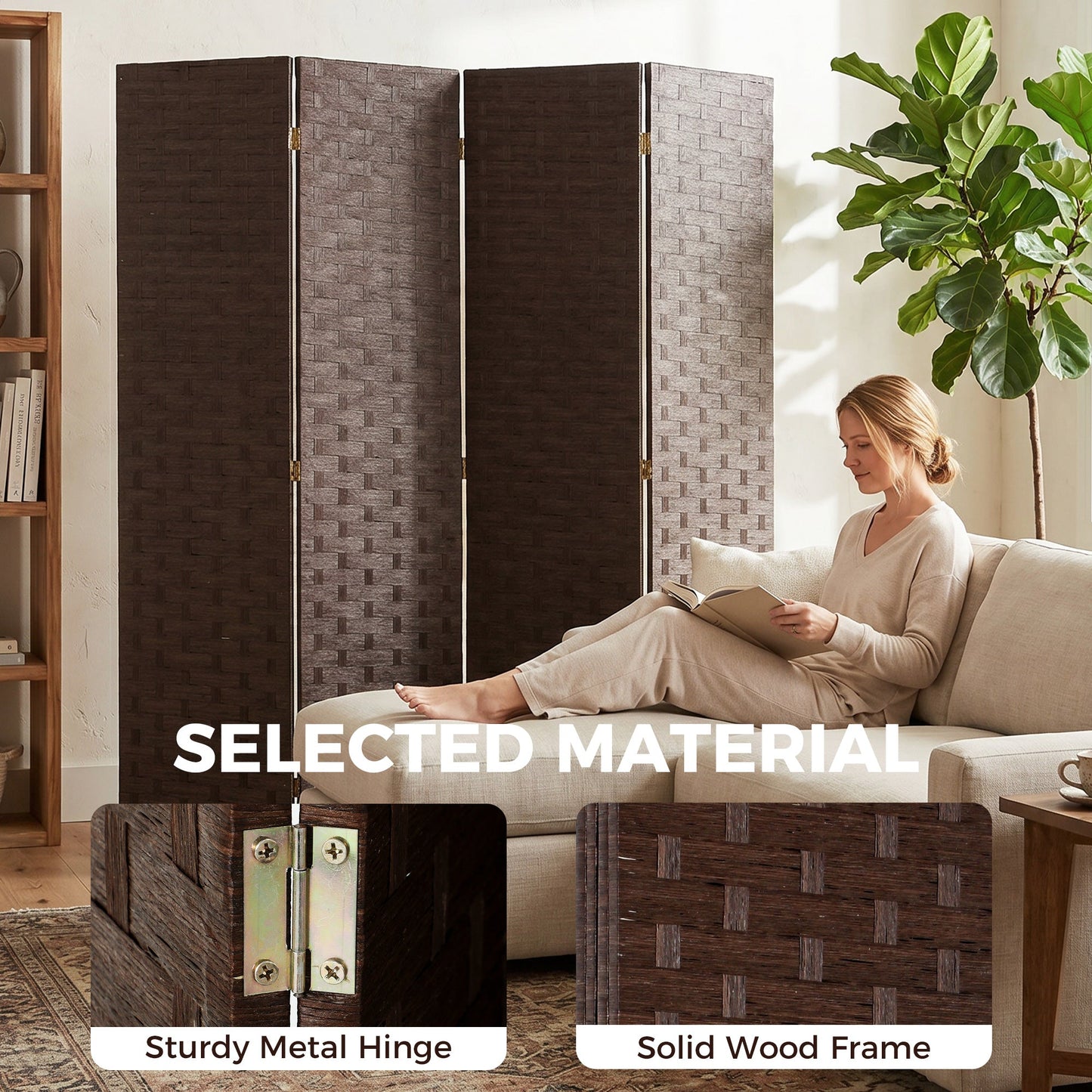 4-Panel Room Dividers, Wave Fibre Freestanding Folding Privacy Screen Panels, Partition Wall Divider for Indoor Bedroom Office, 170 cm, Dark Brown