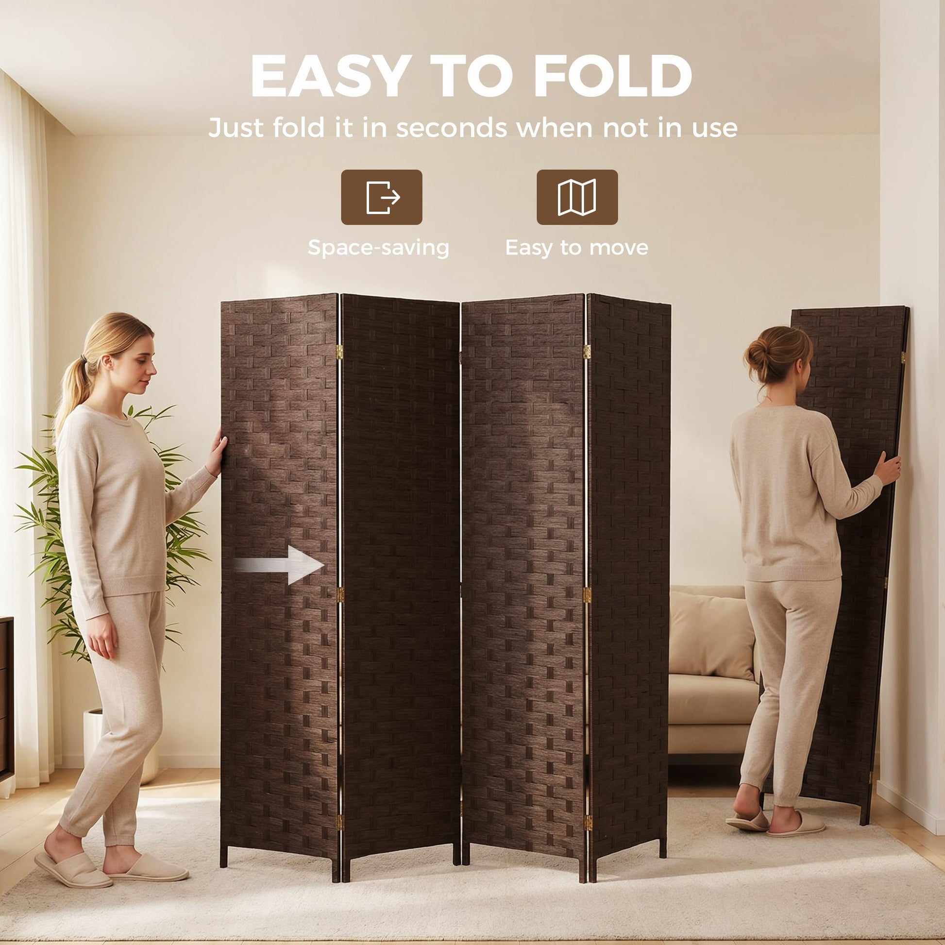 4-Panel Room Dividers, Wave Fibre Freestanding Folding Privacy Screen Panels, Partition Wall Divider for Indoor Bedroom Office, 170 cm, Dark Brown