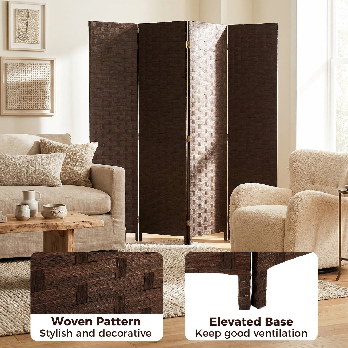 4-Panel Room Dividers, Wave Fibre Freestanding Folding Privacy Screen Panels, Partition Wall Divider for Indoor Bedroom Office, 170 cm, Dark Brown
