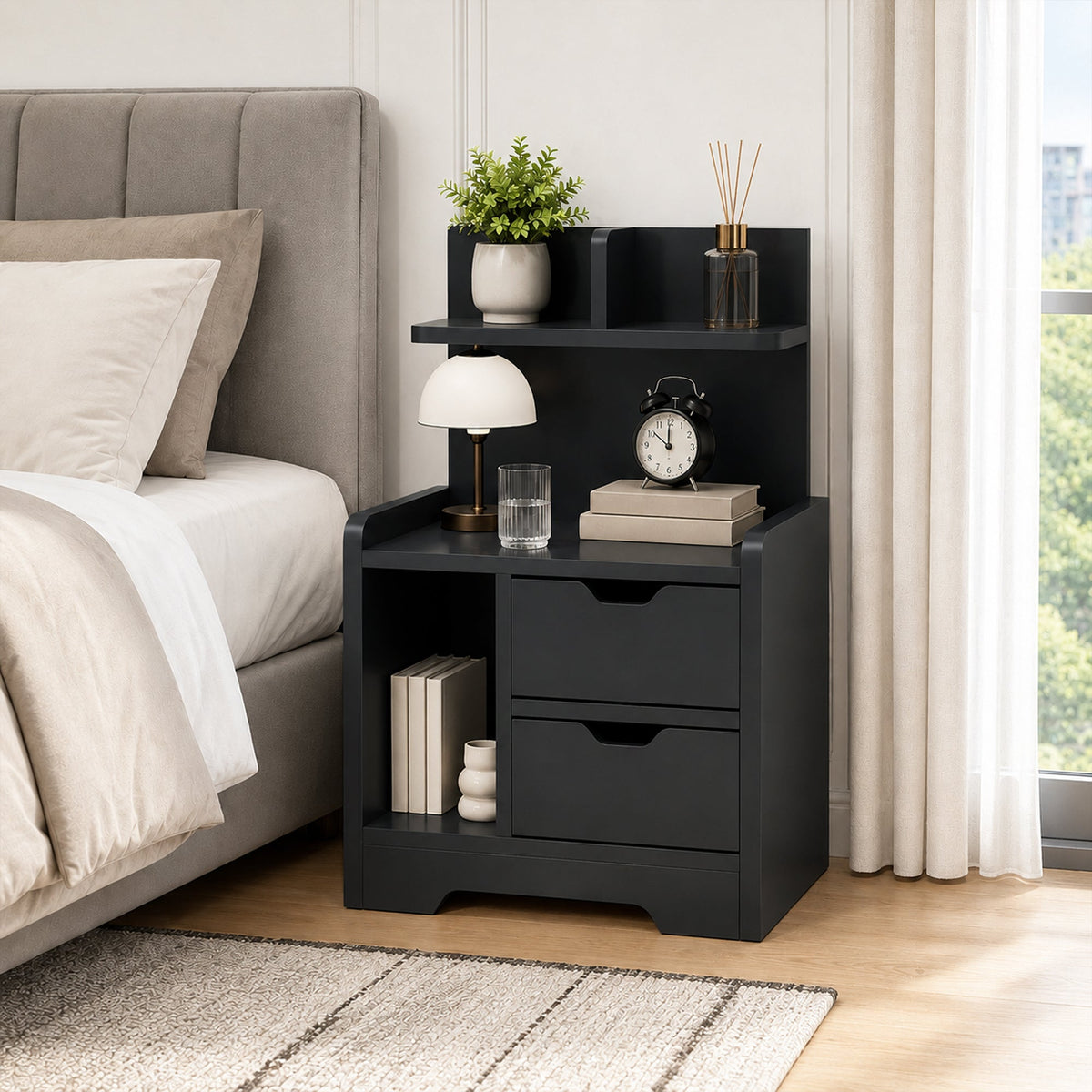 Bedside Table, Small Bedside Cabinet with 2 Drawers and Storage Shelves, Modern Nightstand for Bedroom, Black Wood Effect