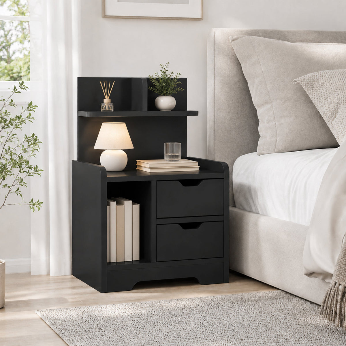 Bedside Table, Small Bedside Cabinet with 2 Drawers and Storage Shelves, Modern Nightstand for Bedroom, Black Wood Effect