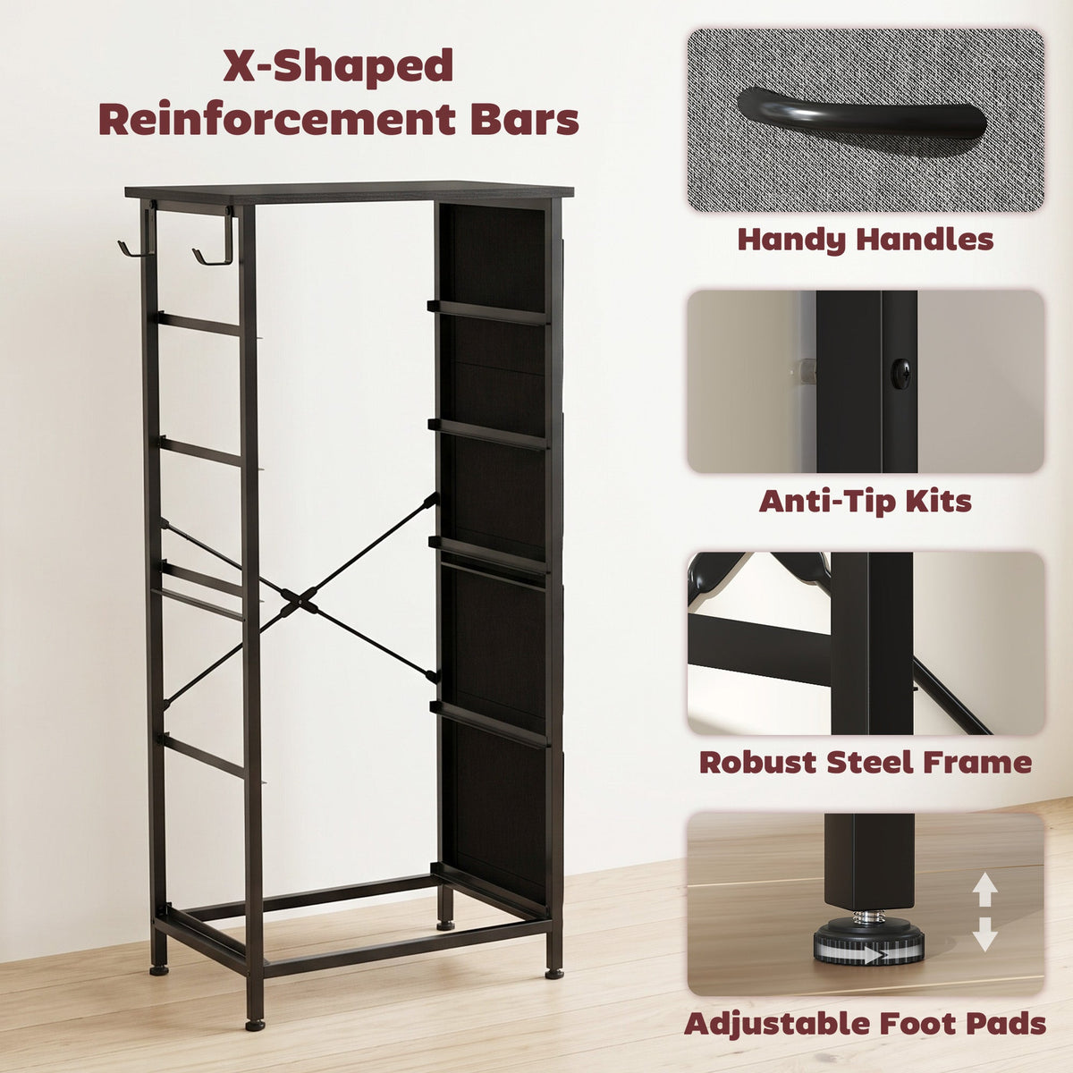 Chest of Drawers, Dresser for Bedroom with 5 Fabric Drawers, Tall Storage Unit with 4 Pockets, 2 Hooks and Steel Frame for Living Room, Hallway, Charcoal Grey