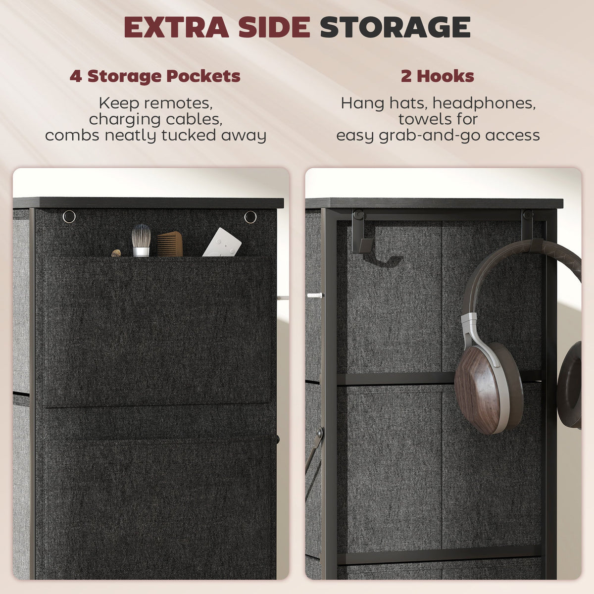 Chest of Drawers, Dresser for Bedroom with 5 Fabric Drawers, Tall Storage Unit with 4 Pockets, 2 Hooks and Steel Frame for Living Room, Hallway, Charcoal Grey
