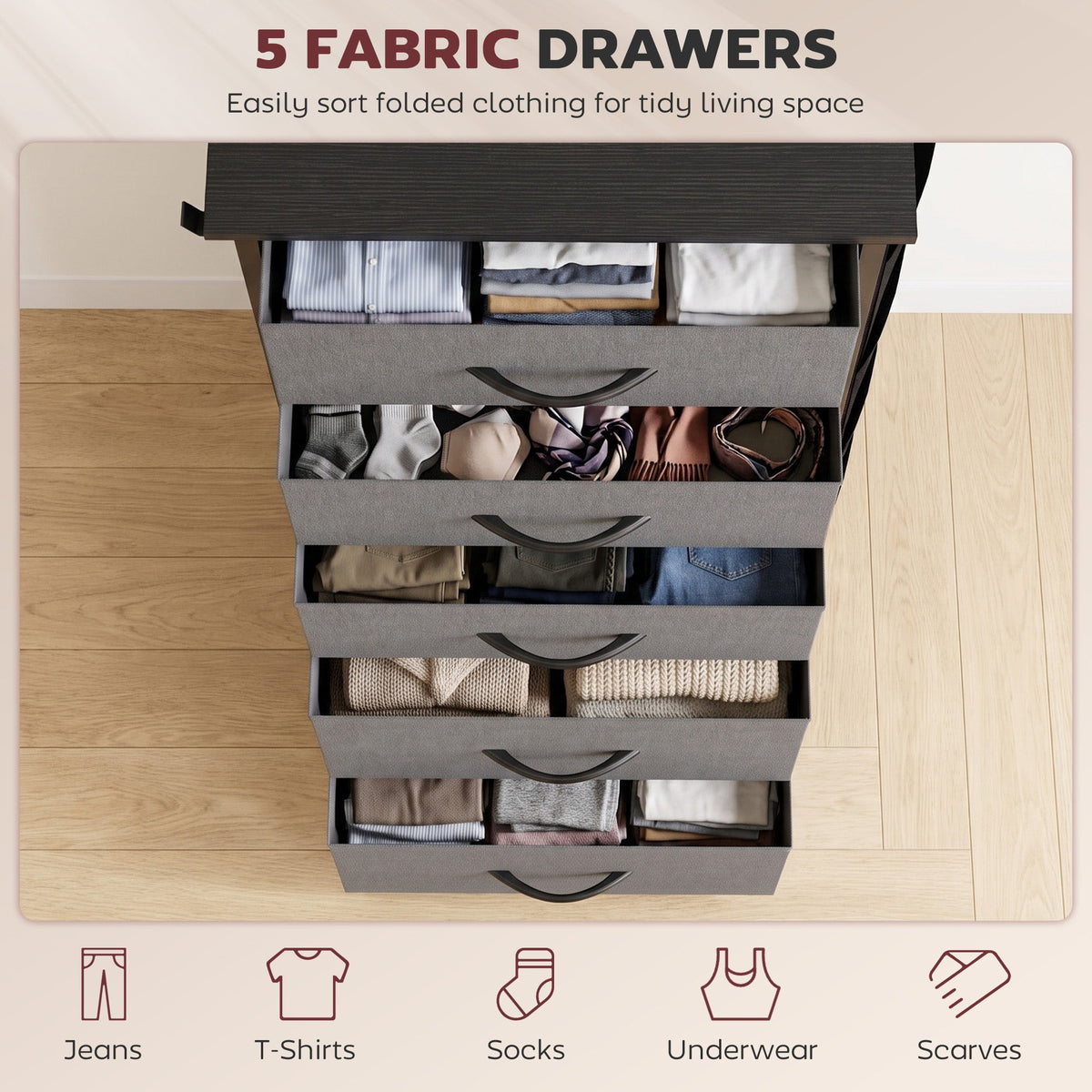 Chest of Drawers, Dresser for Bedroom with 5 Fabric Drawers, Tall Storage Unit with 4 Pockets, 2 Hooks and Steel Frame for Living Room, Hallway, Charcoal Grey