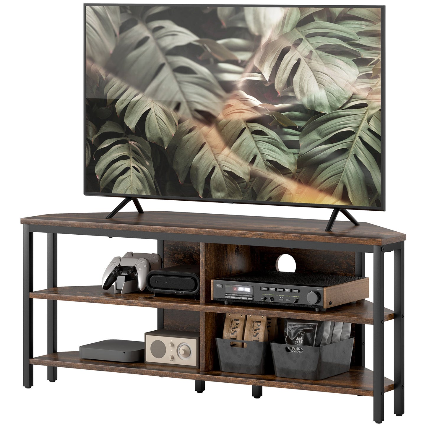 HOMCOM Corner TV Stand Cabinet, TV Unit for TVs up to 50", TV Cabinet with Storage Shelves and Cable Holes for Living Room, Bedroom, Rustic Brown