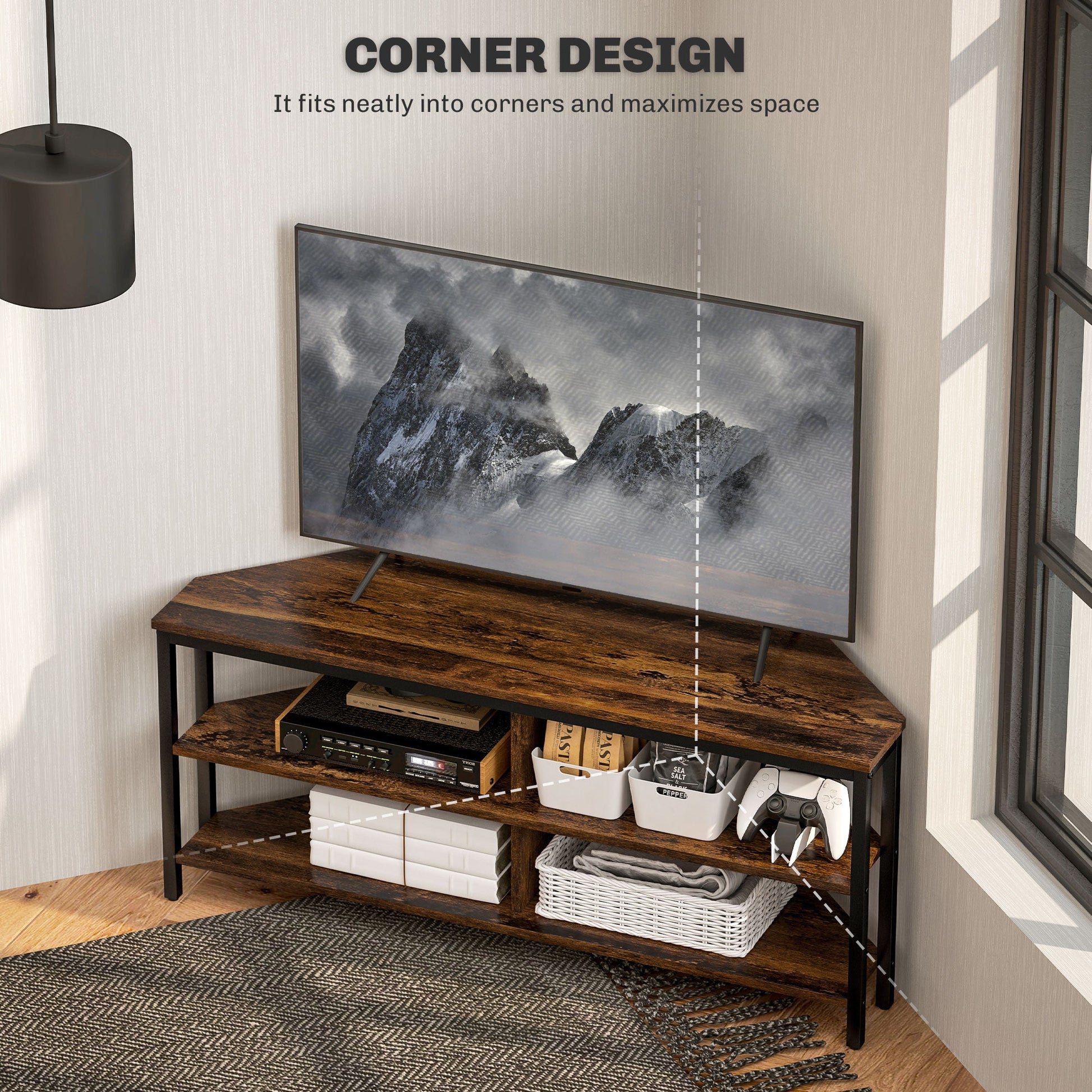 HOMCOM Corner TV Stand Cabinet, TV Unit for TVs up to 50", TV Cabinet with Storage Shelves and Cable Holes for Living Room, Bedroom, Rustic Brown