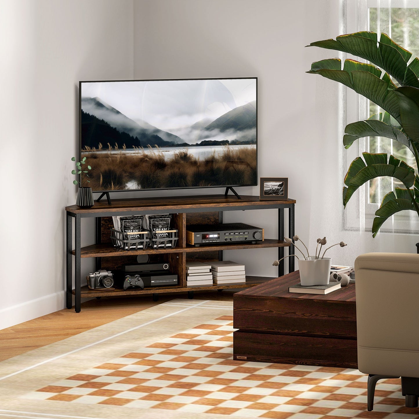 HOMCOM Corner TV Stand Cabinet, TV Unit for TVs up to 50", TV Cabinet with Storage Shelves and Cable Holes for Living Room, Bedroom, Rustic Brown