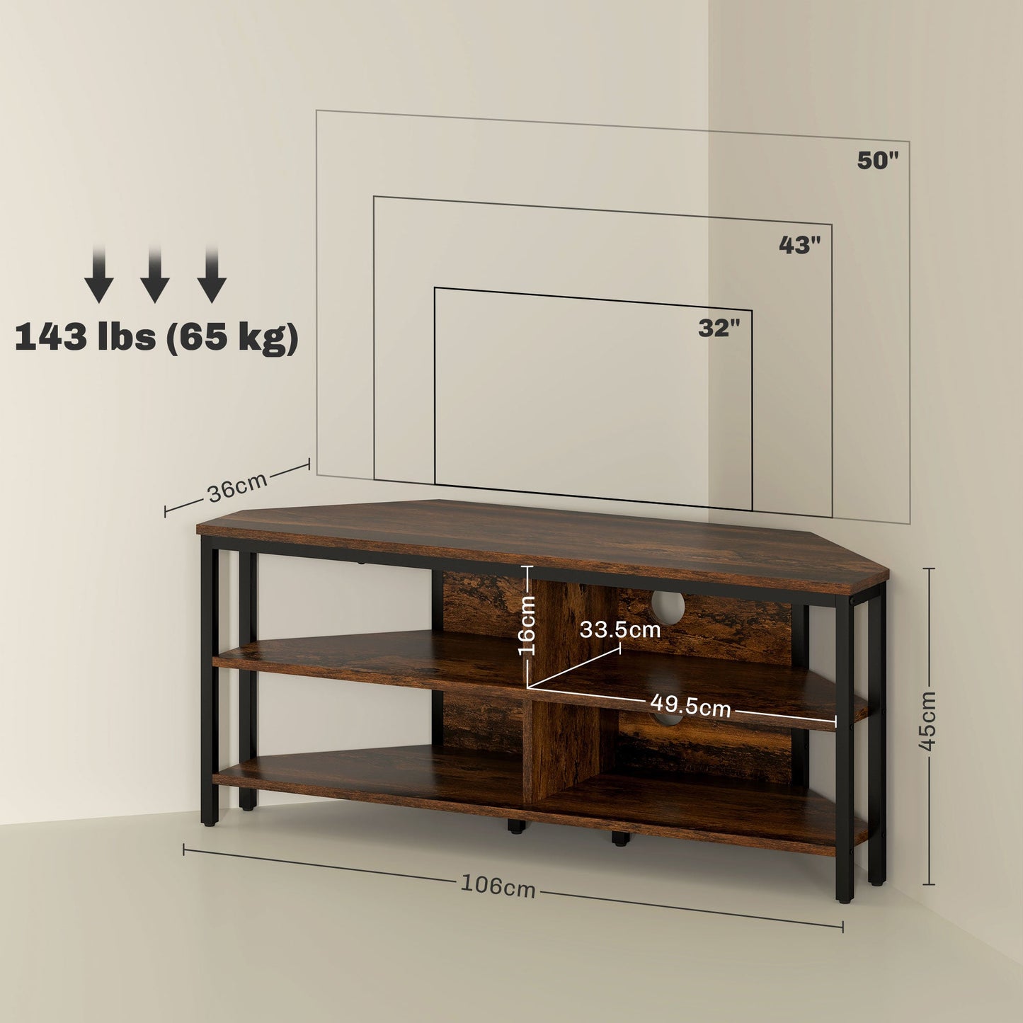 HOMCOM Corner TV Stand Cabinet, TV Unit for TVs up to 50", TV Cabinet with Storage Shelves and Cable Holes for Living Room, Bedroom, Rustic Brown