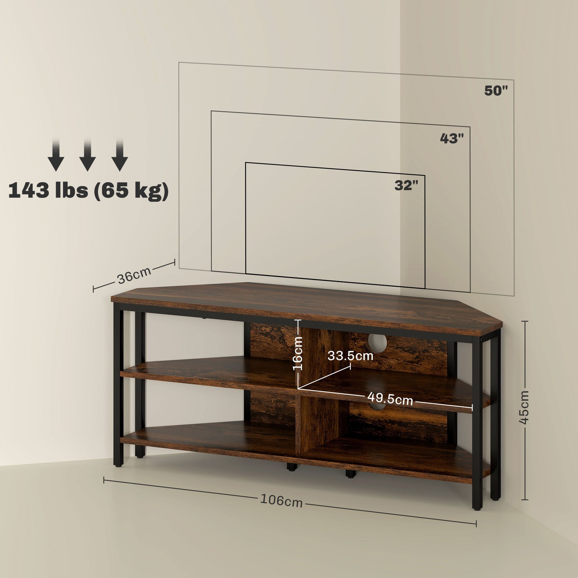 HOMCOM Corner TV Stand Cabinet, TV Unit for TVs up to 50", TV Cabinet with Storage Shelves and Cable Holes for Living Room, Bedroom, Rustic Brown