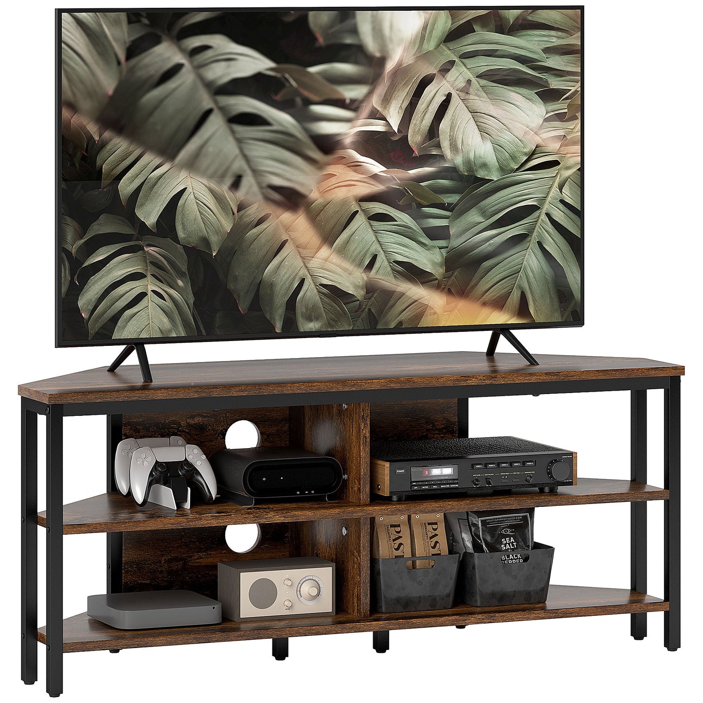 HOMCOM Corner TV Stand Cabinet, TV Unit for TVs up to 50", TV Cabinet with Storage Shelves and Cable Holes for Living Room, Bedroom, Rustic Brown