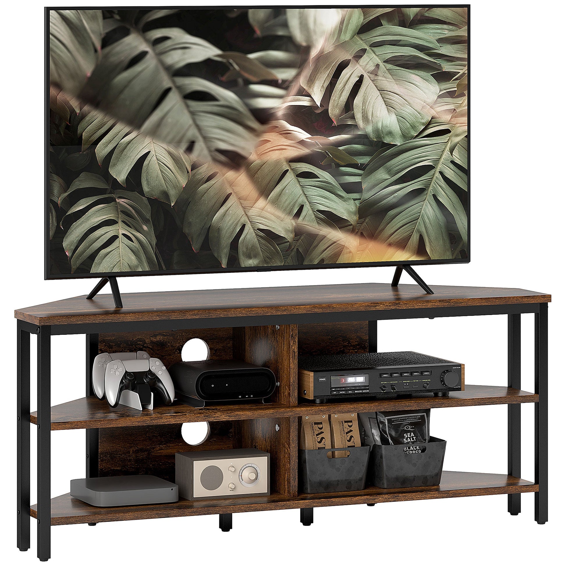 HOMCOM Corner TV Stand Cabinet, TV Unit for TVs up to 50", TV Cabinet with Storage Shelves and Cable Holes for Living Room, Bedroom, Rustic Brown