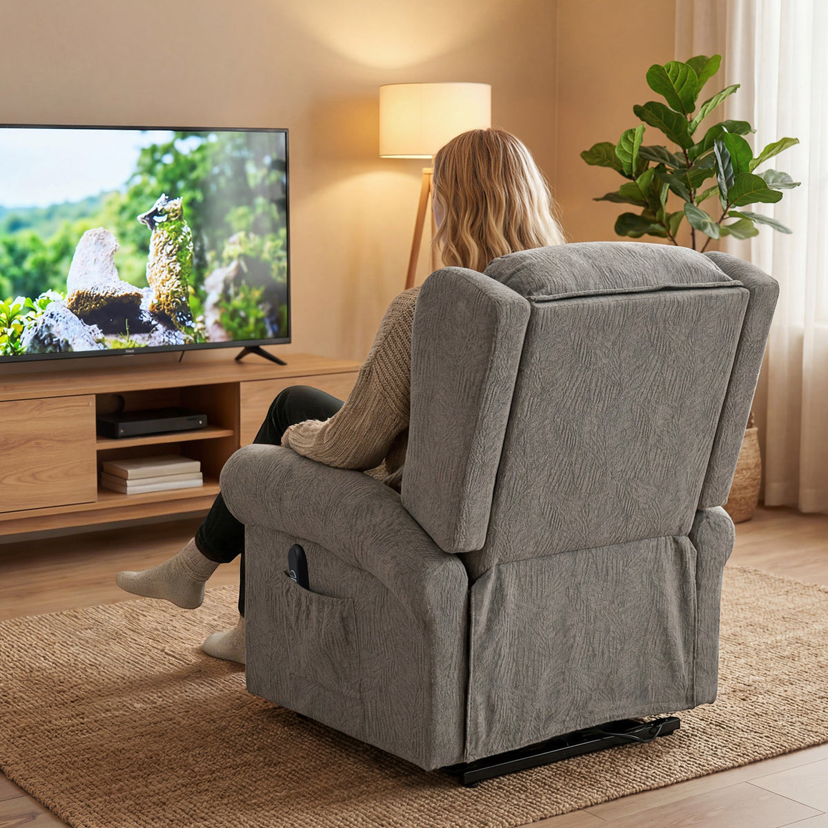Power Lift Recliner Chair for Elderly, Velvet-Feel Electric Riser and Recliner Armchair for Living Room with USB Charging Port, Remote Control, 2 Side Pockets, Thick Padded Back, Dark Grey