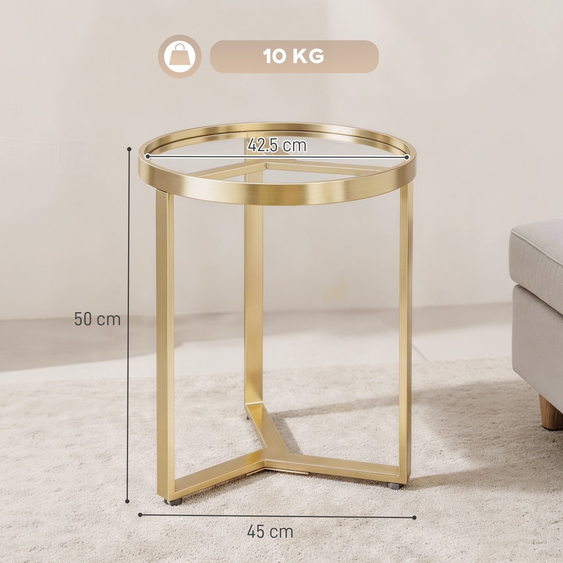 Round Side Table with Tempered Glass Top, Modern End Table with Geometric Metal Frame for Small Space, Living Room and Bedroom, Gold Tone