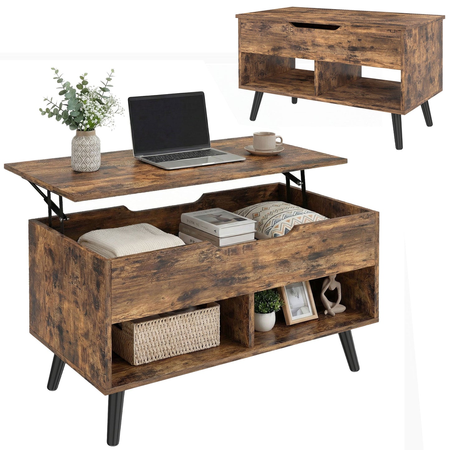 Industrial Lift Top Coffee Table, Living Room Table with Hidden Compartment, Open Shelves and Metal Legs, 75 cm, Rustic Brown