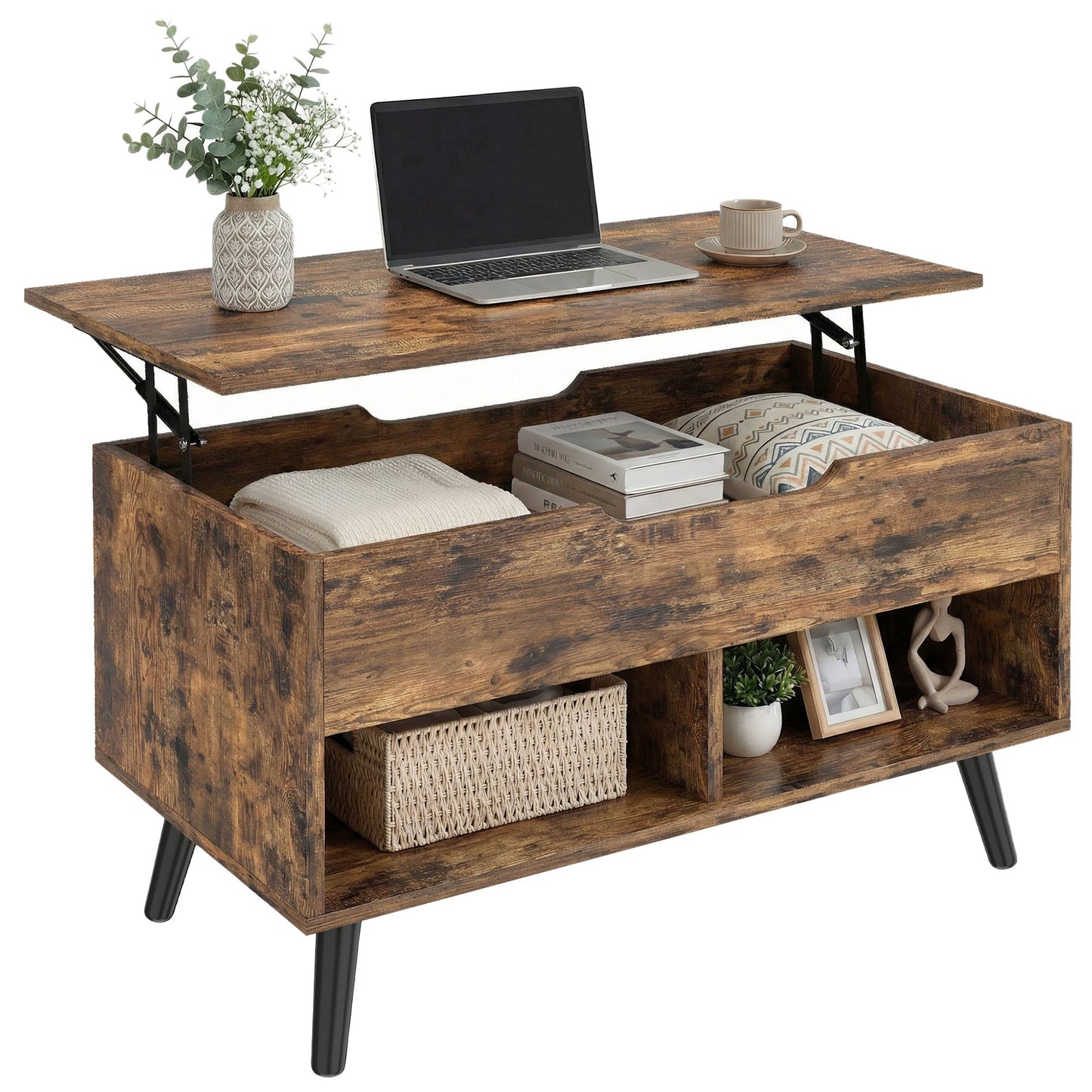 Industrial Lift Top Coffee Table, Living Room Table with Hidden Compartment, Open Shelves and Metal Legs, 75 cm, Rustic Brown