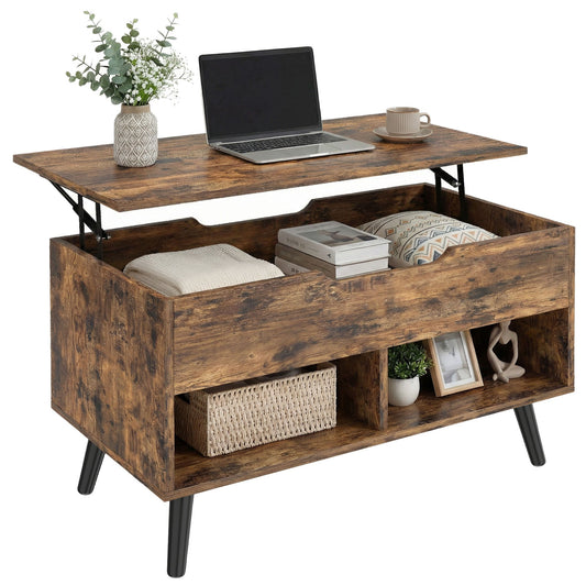Industrial Lift Top Coffee Table, Living Room Table with Hidden Compartment, Open Shelves and Metal Legs, 75 cm, Rustic Brown