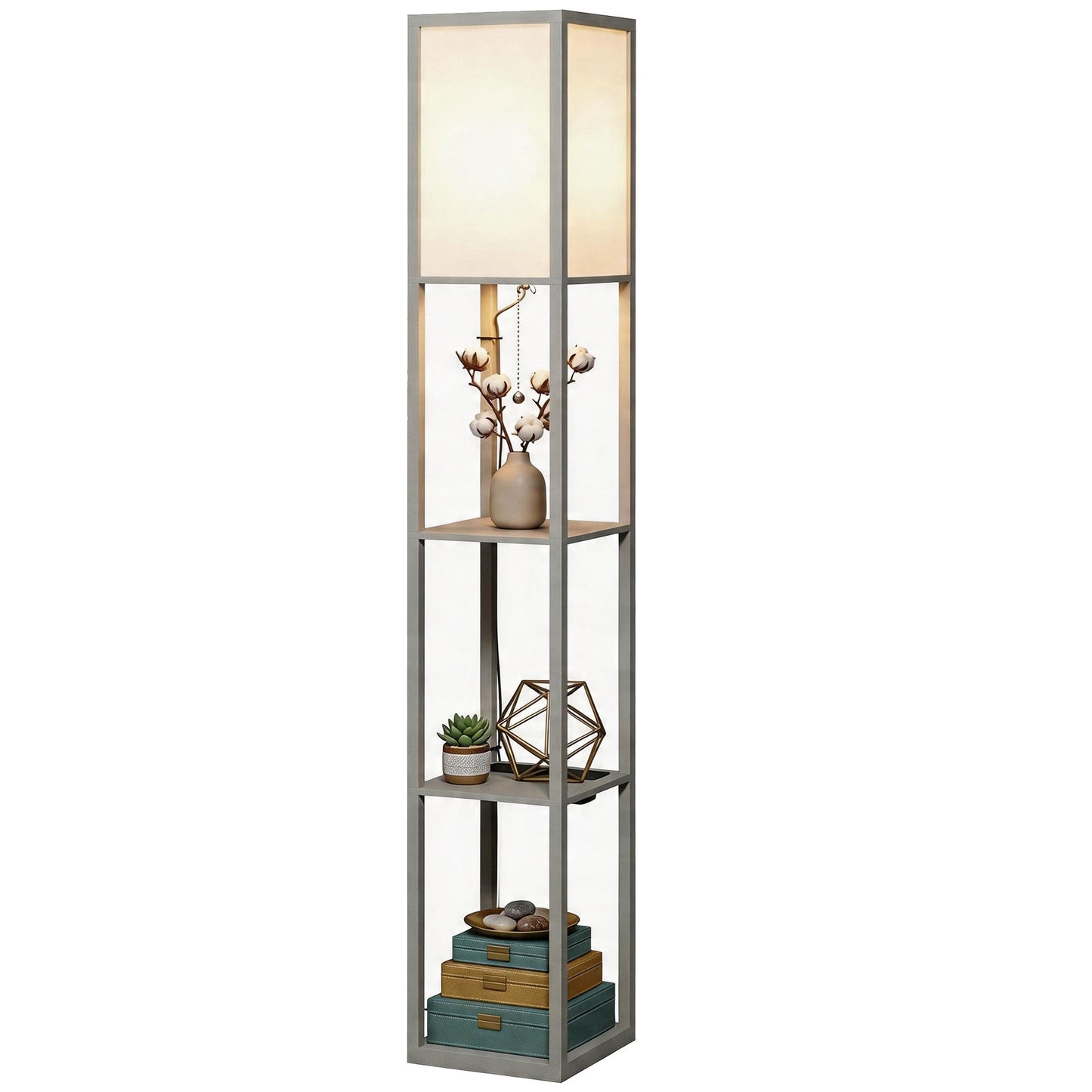 3-Tier Floor Lamp with Shelves and Storage, Modern Corner Standing Lamp with LED Bulb, Lampshade, Reading Light with Foot Switch for Living Room, Bedroom, Home Office, Grey