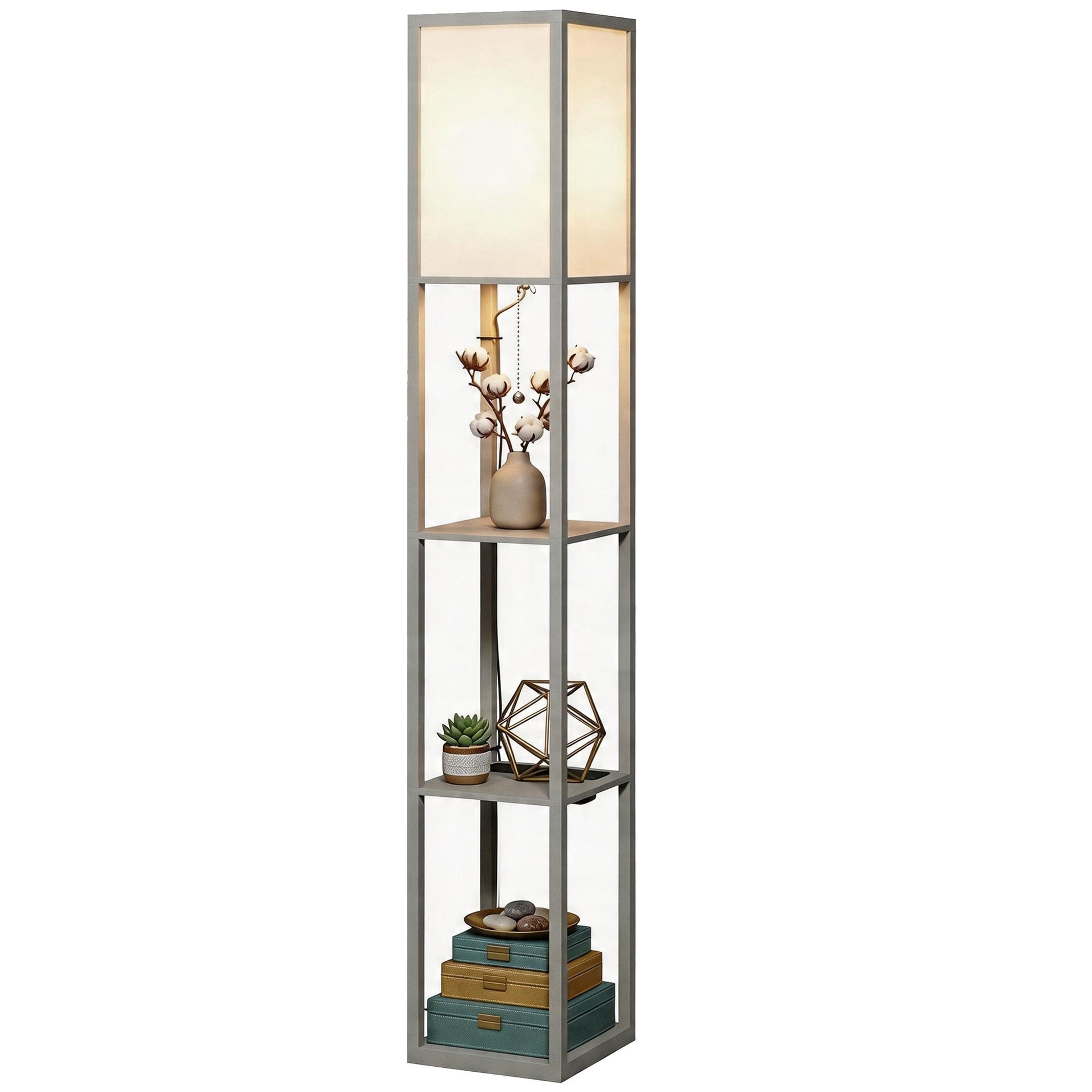 3-Tier Floor Lamp with Shelves and Storage, Modern Corner Standing Lamp with LED Bulb, Lampshade, Reading Light with Foot Switch for Living Room, Bedroom, Home Office, Grey