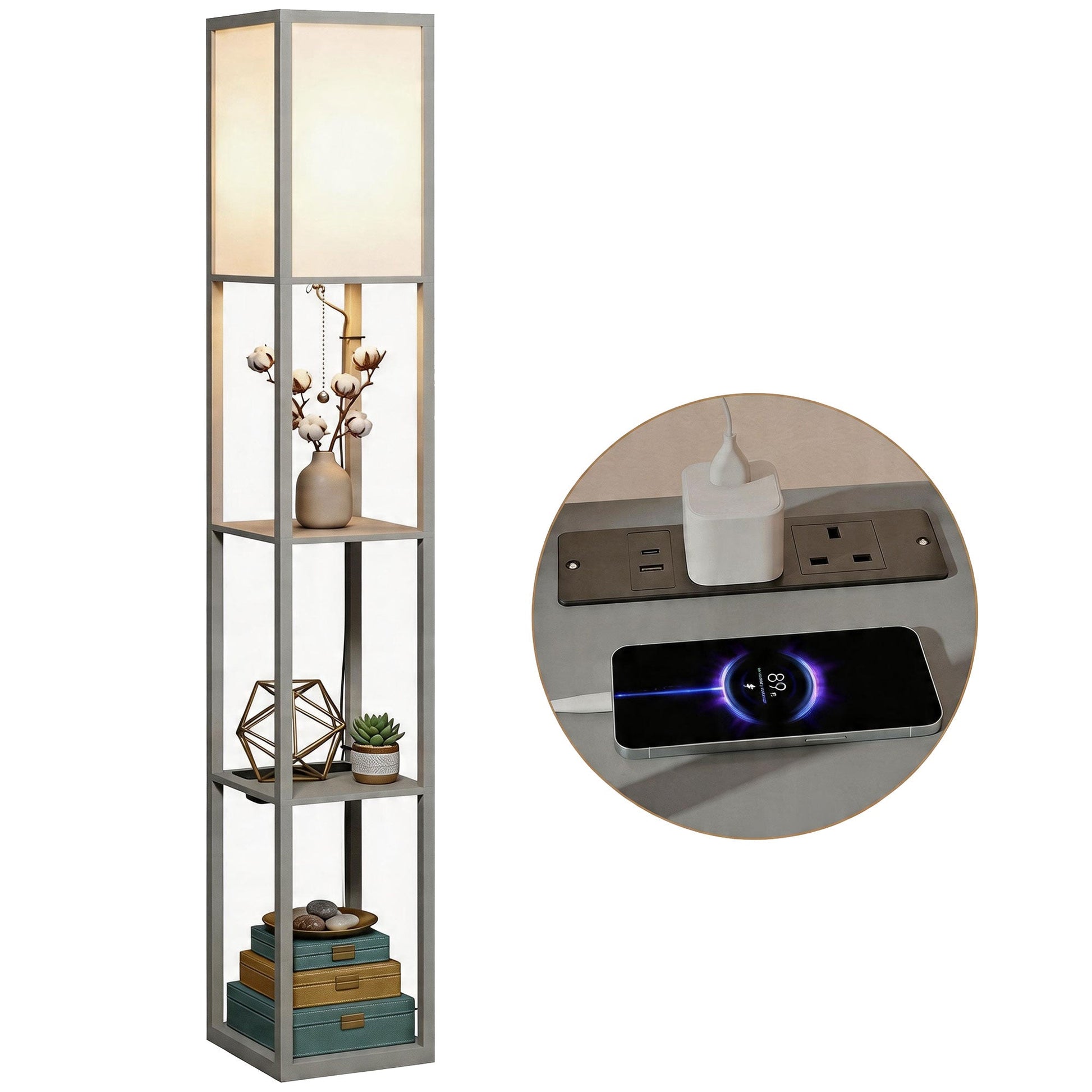 3-Tier Floor Lamp with Shelves and Storage, Modern Corner Standing Lamp with LED Bulb, Lampshade, Reading Light with Foot Switch for Living Room, Bedroom, Home Office, Grey