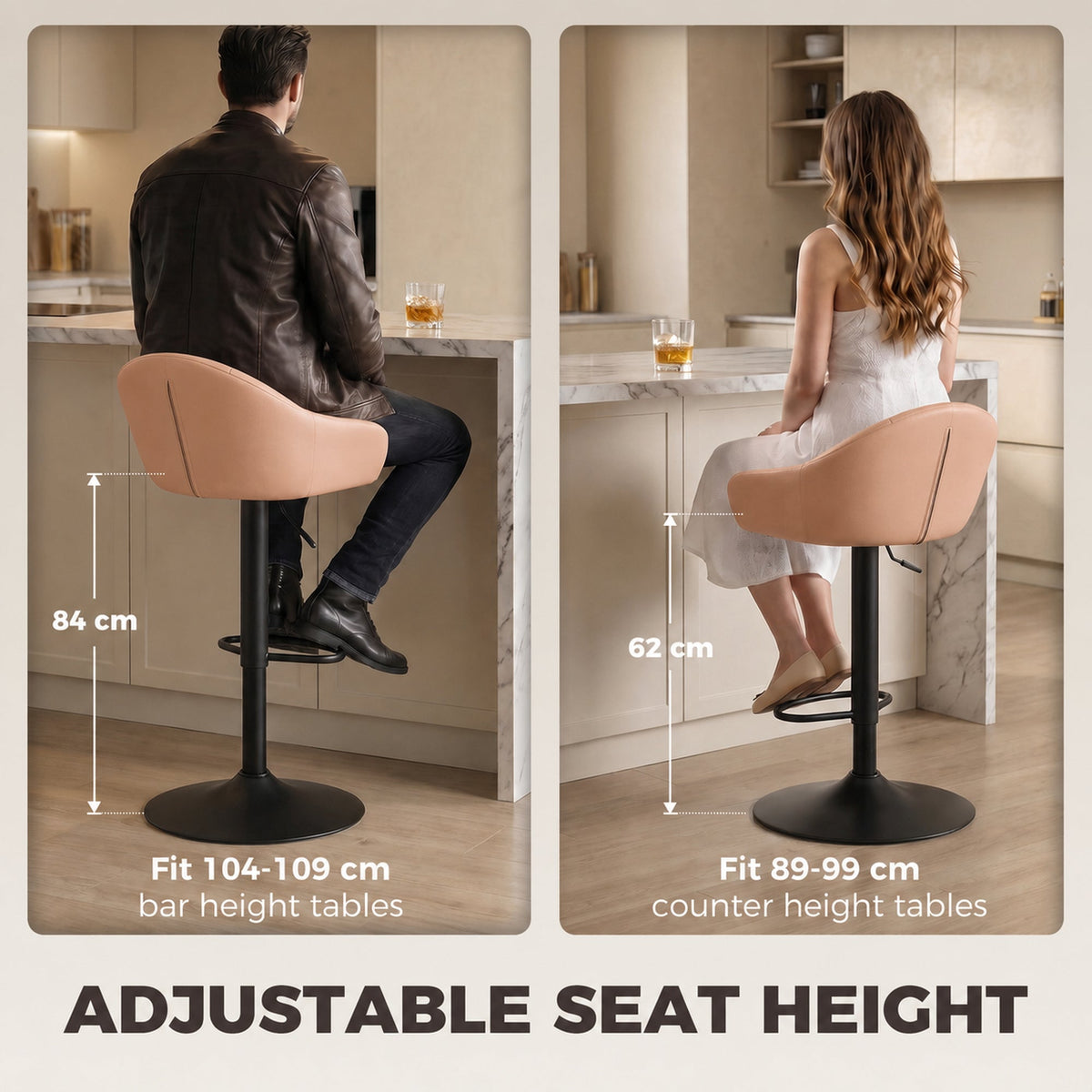 Breakfast Bar Stools Set of 2, Modern Faux Leather Swivel Barstools, Adjustable Counter Height Bar Chairs with Backrest, Arm, Footrest for Kitchen Island, Dining Room, Bar, Brown