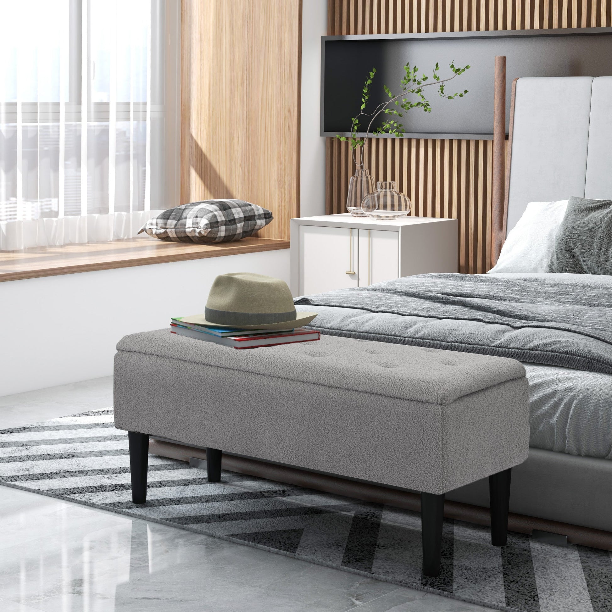 HOMCOM 47L Storage Ottoman, End of Bed Bench with Wooden Legs, Fabric Footstool for Living Room, Bedroom, 95 x 38 x 45cm, Grey