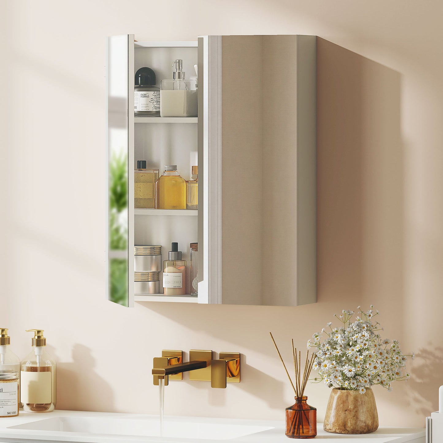 Bathroom Mirror Cabinet, 3-Tier Wall Mount Bathroom Storage Cabinet with Soft-Close Hinges and Adjustable Shelf, Double Door Cupboard, 60W x 15D x 75H cm, White