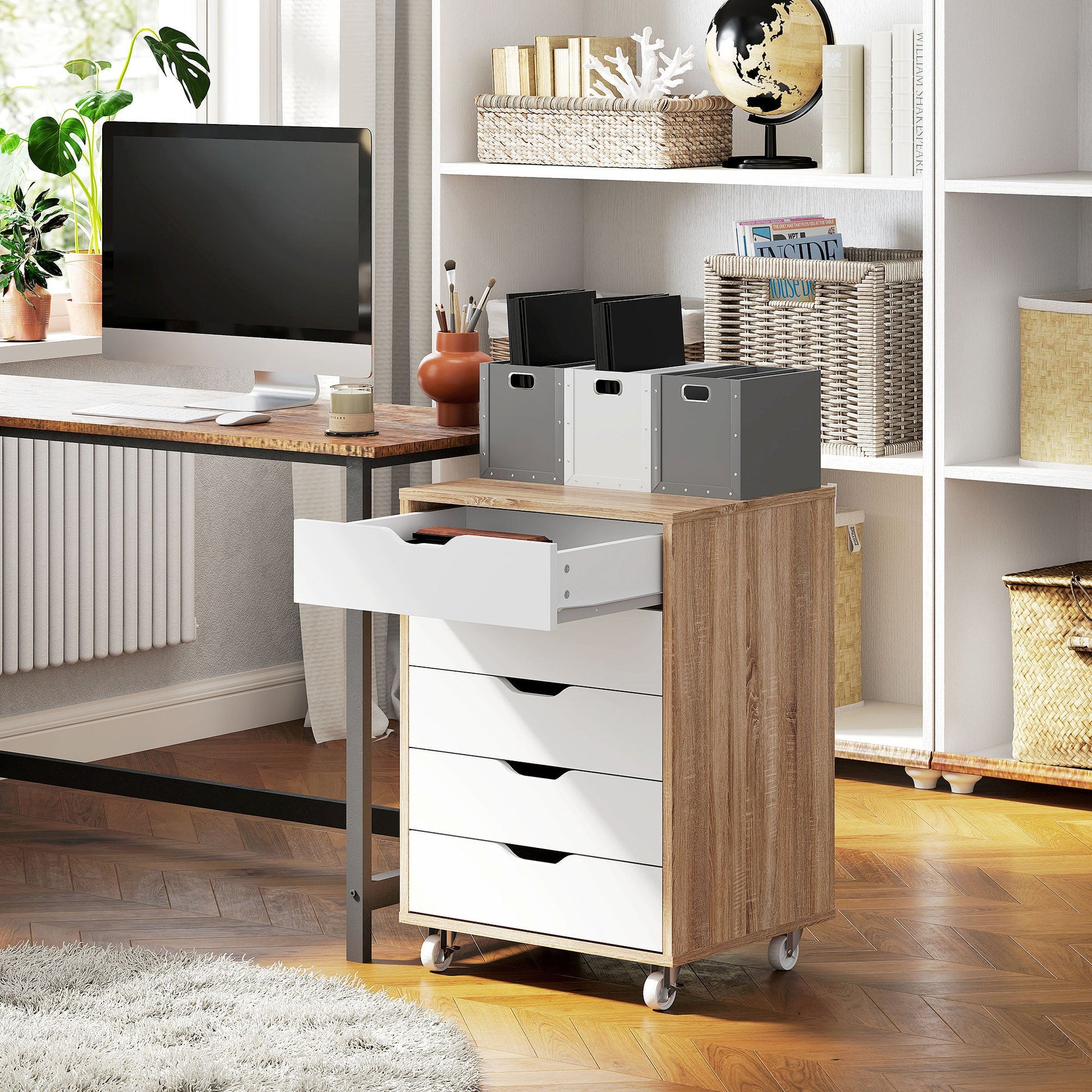 Vinsetto Vertical Filing Cabinet, 5-drawer File Cabinet, Mobile Office Cabinet on Wheels for Study, Home Office, Oak