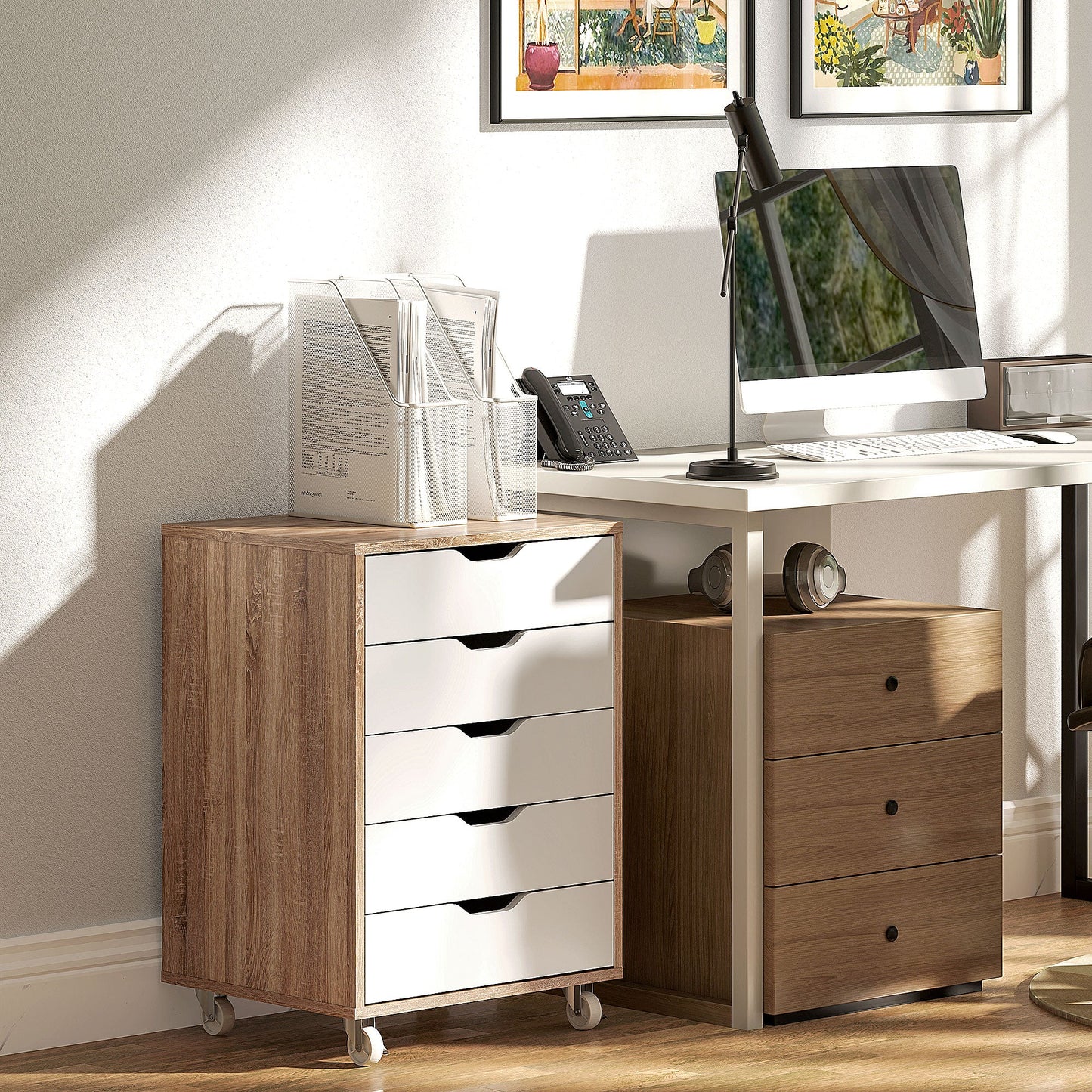 Vinsetto Vertical Filing Cabinet, 5-drawer File Cabinet, Mobile Office Cabinet on Wheels for Study, Home Office, Oak