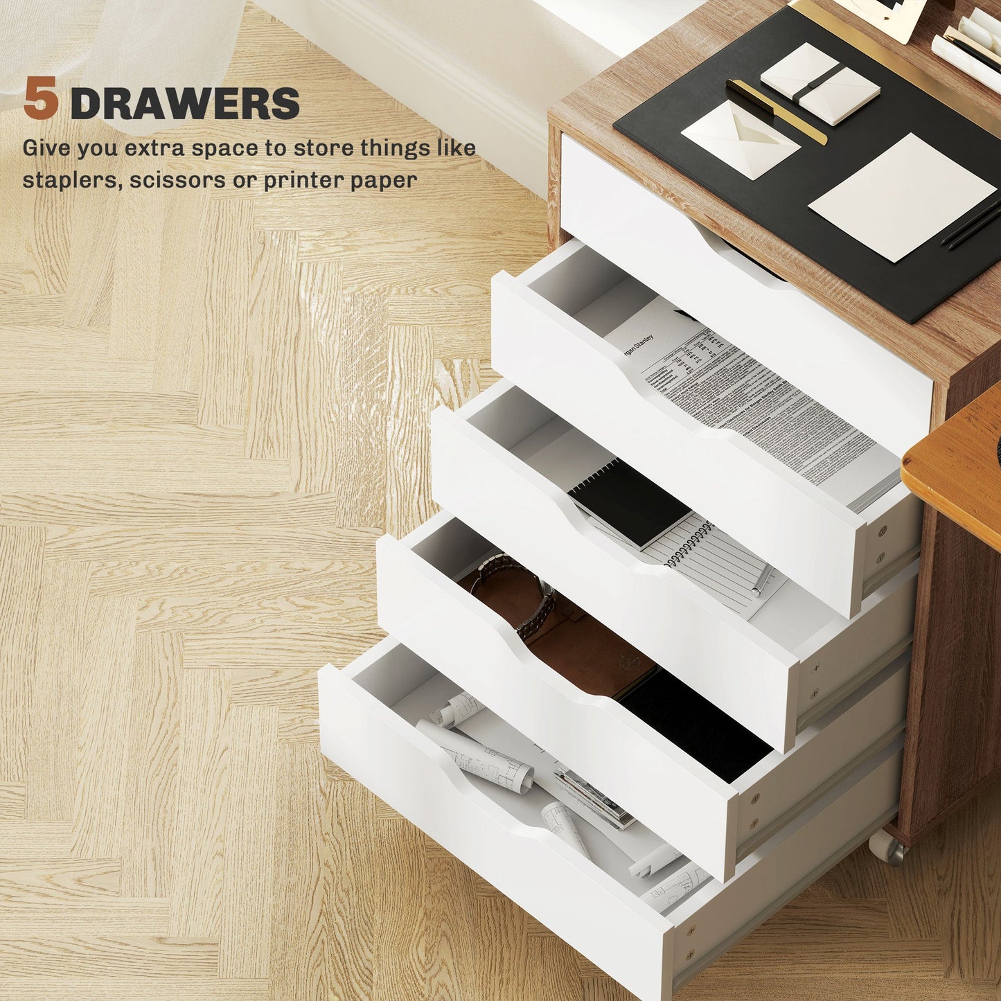 Vinsetto Vertical Filing Cabinet, 5-drawer File Cabinet, Mobile Office Cabinet on Wheels for Study, Home Office, Oak