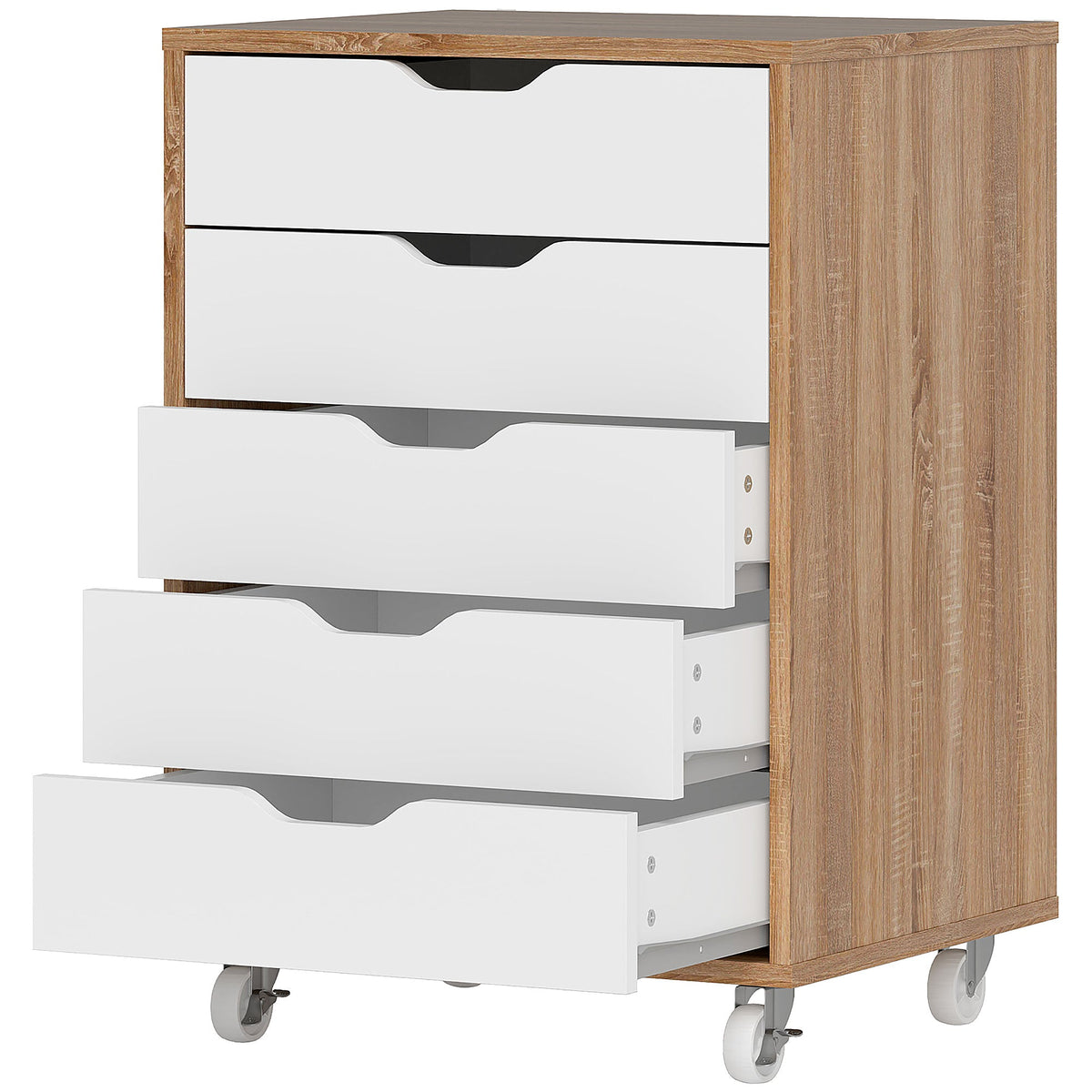 Vinsetto Vertical Filing Cabinet, 5-drawer File Cabinet, Mobile Office Cabinet on Wheels for Study, Home Office, Oak