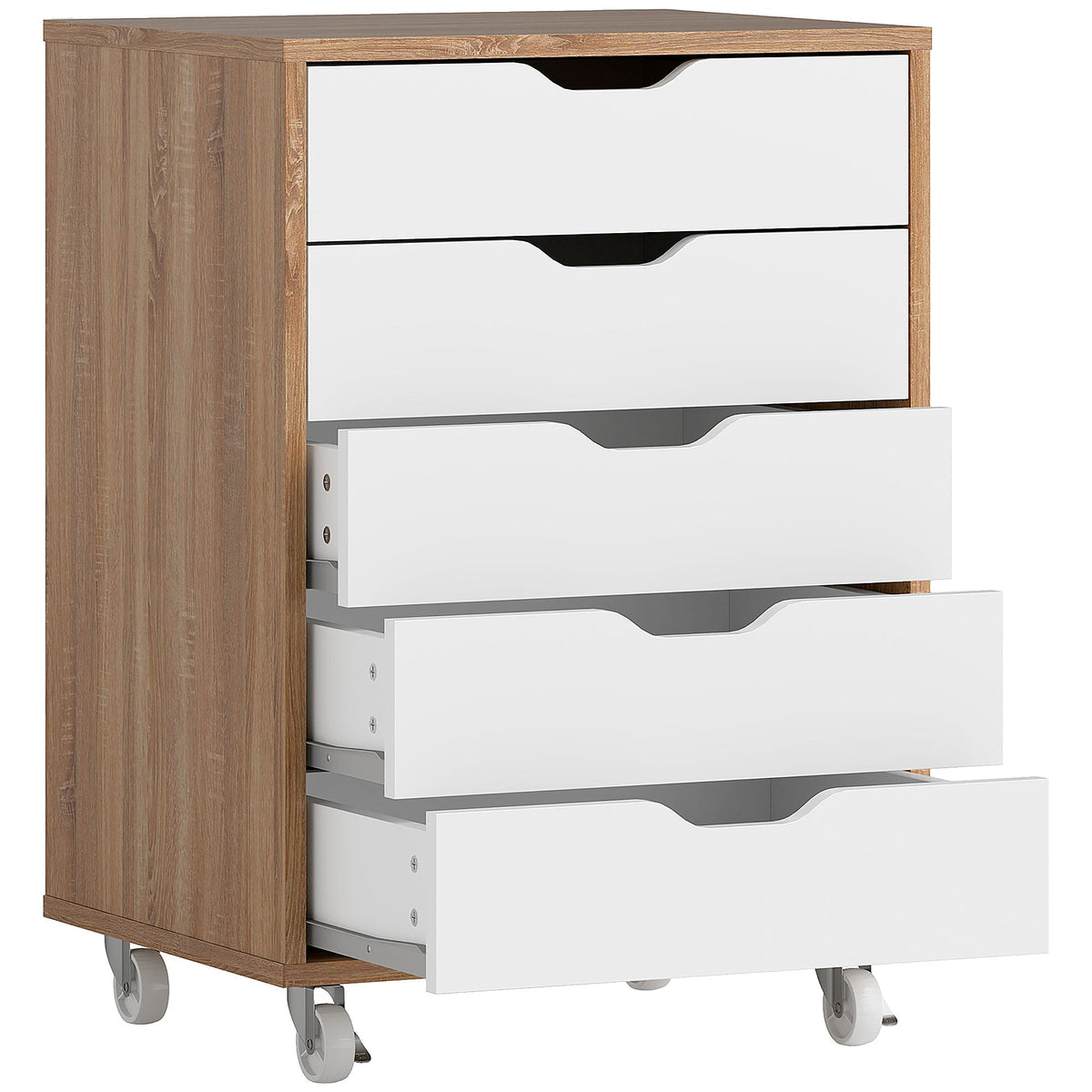Vinsetto Vertical Filing Cabinet, 5-drawer File Cabinet, Mobile Office Cabinet on Wheels for Study, Home Office, Oak