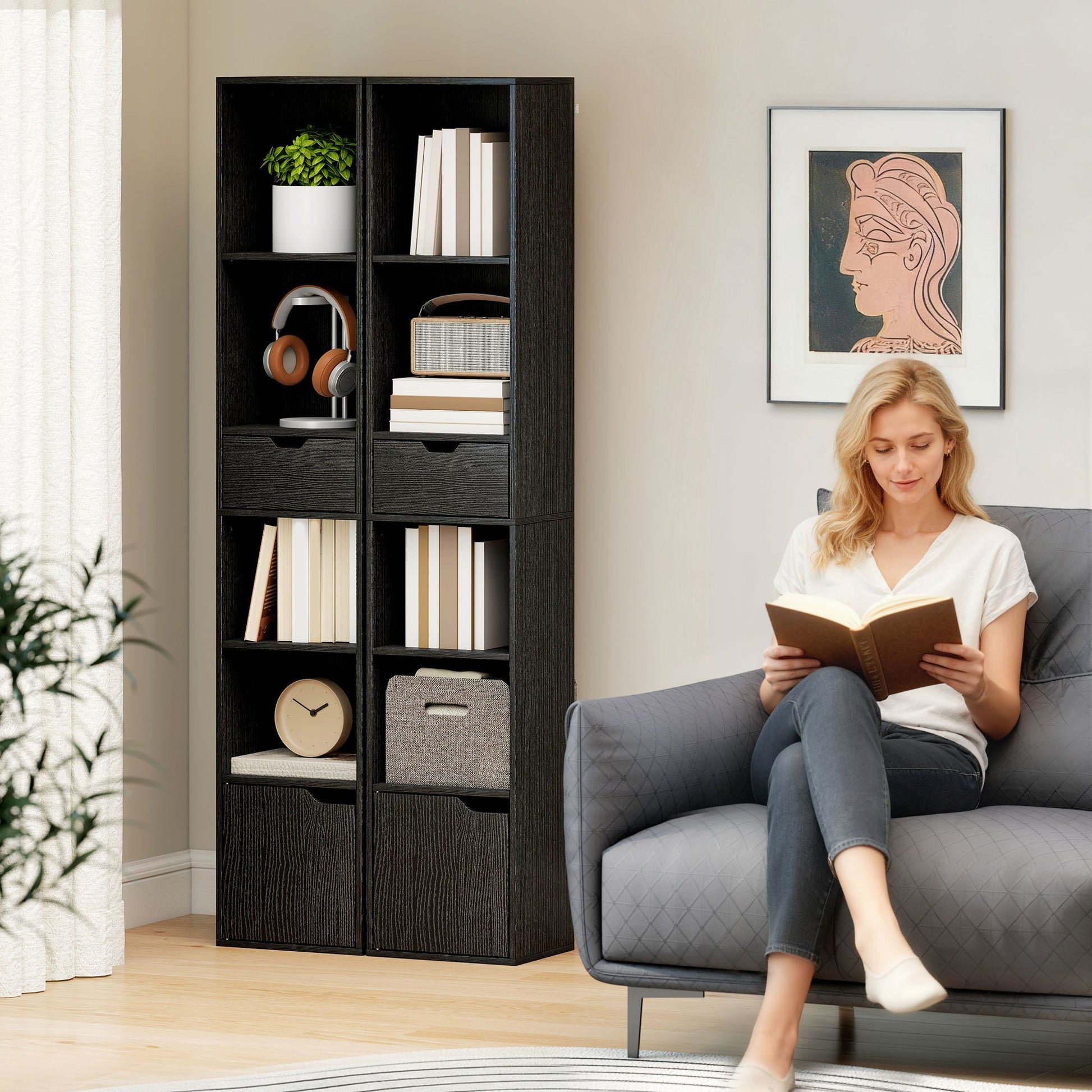 6-Tier Bookcase, Tall Narrow Bookshelf with Drawer, Door, Adjustable Shelf, Modern Display Standing Shelving Unit for Living Room, Home Office, Bedroom, 30 x 24 x 158 cm, Black
