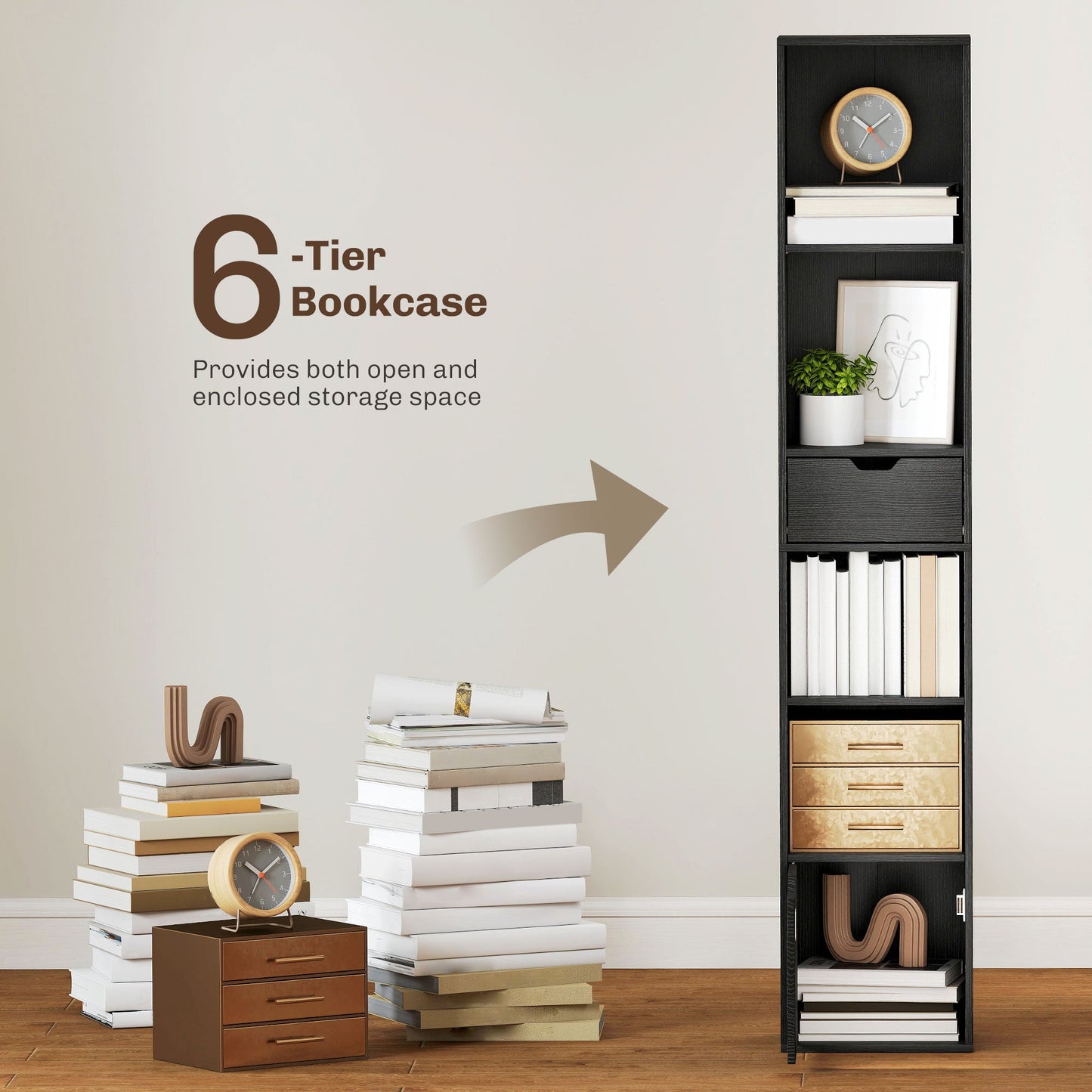 6-Tier Bookcase, Tall Narrow Bookshelf with Drawer, Door, Adjustable Shelf, Modern Display Standing Shelving Unit for Living Room, Home Office, Bedroom, 30 x 24 x 158 cm, Black