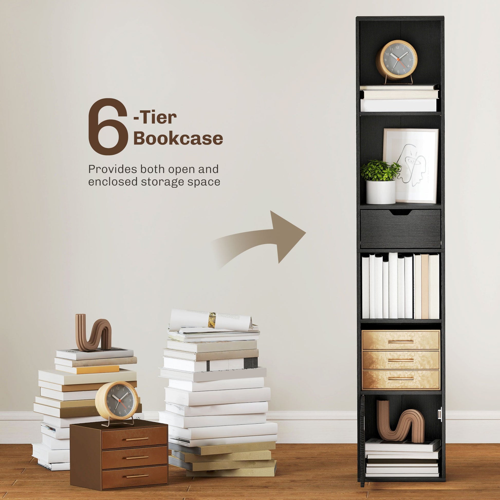 6-Tier Bookcase, Tall Narrow Bookshelf with Drawer, Door, Adjustable Shelf, Modern Display Standing Shelving Unit for Living Room, Home Office, Bedroom, 30 x 24 x 158 cm, Black