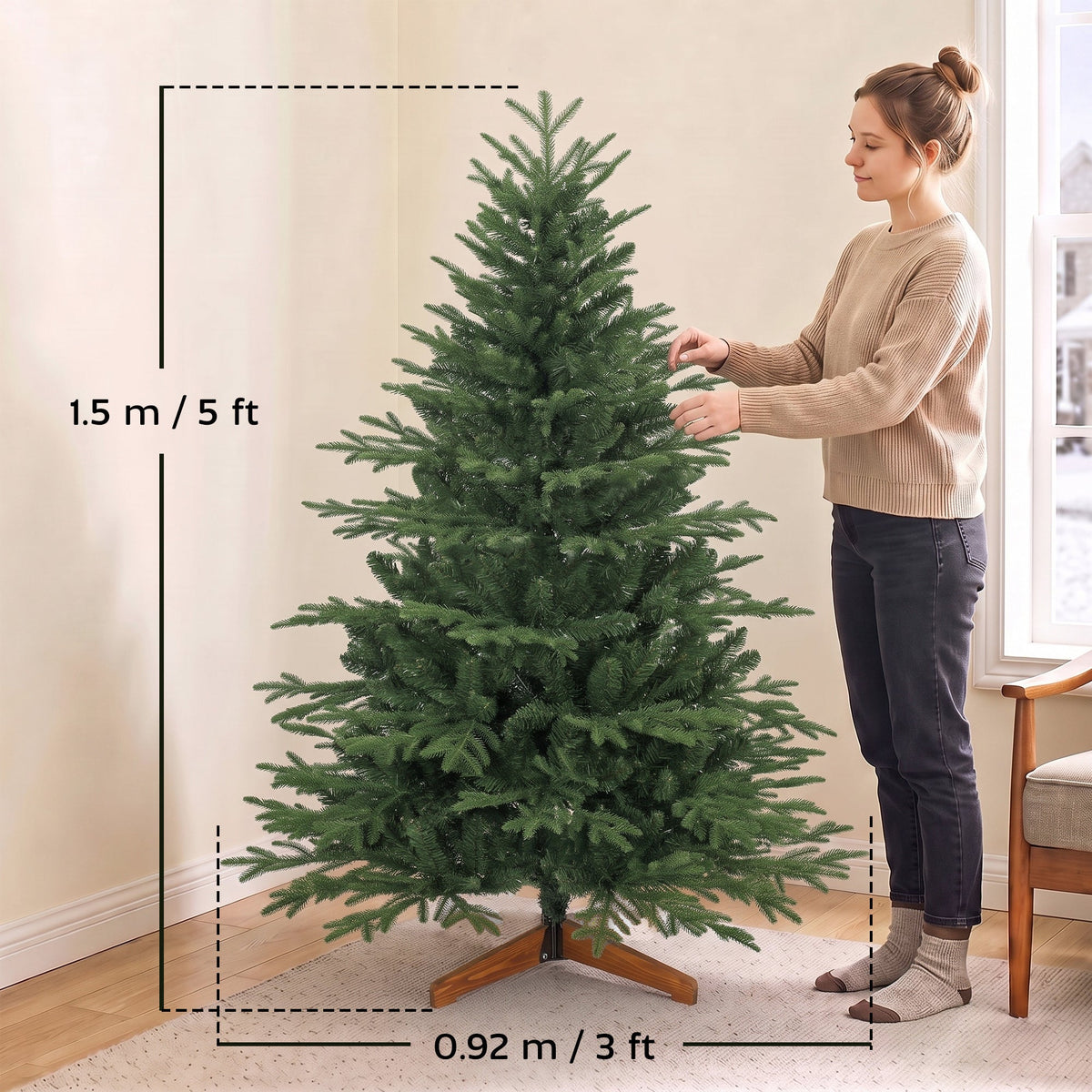 5ft Artificial Christmas Tree, Full Hinged Xmas Tree with 1524 PE & PVC Tips, Solid Pine Wood Stand for Home Office Holiday Decoration, Green