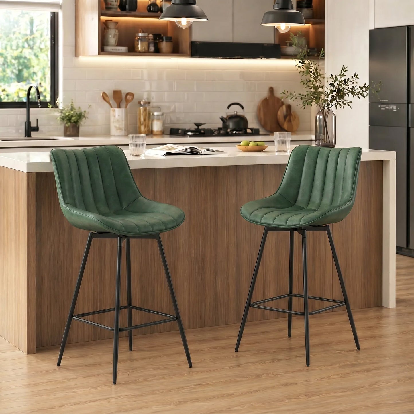 Swivel Bar Stools Set of 2, Textured Faux Leather Counter Stools with Backrest and Footrest, Height Adjustable Breakfast Chairs for Kitchen Island, Home Bar, Dining Room, Dark Green