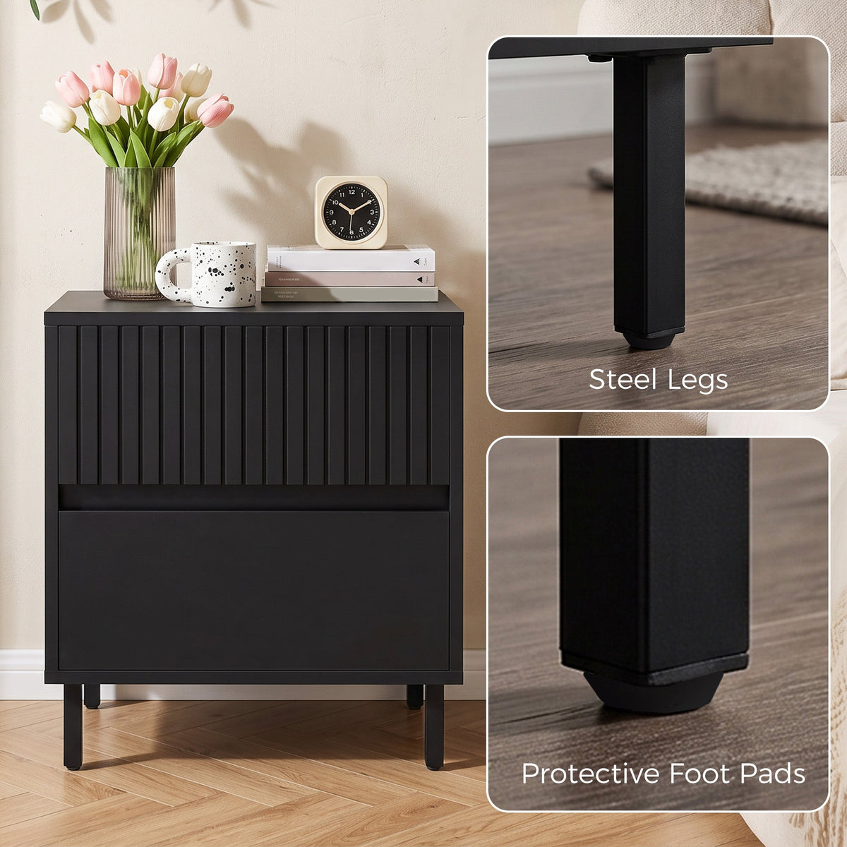 Bedside Table, Side Table with 2 Drawers, Bedside Cabinet with Storage and Steel Legs for Bedroom, Living Room, Black
