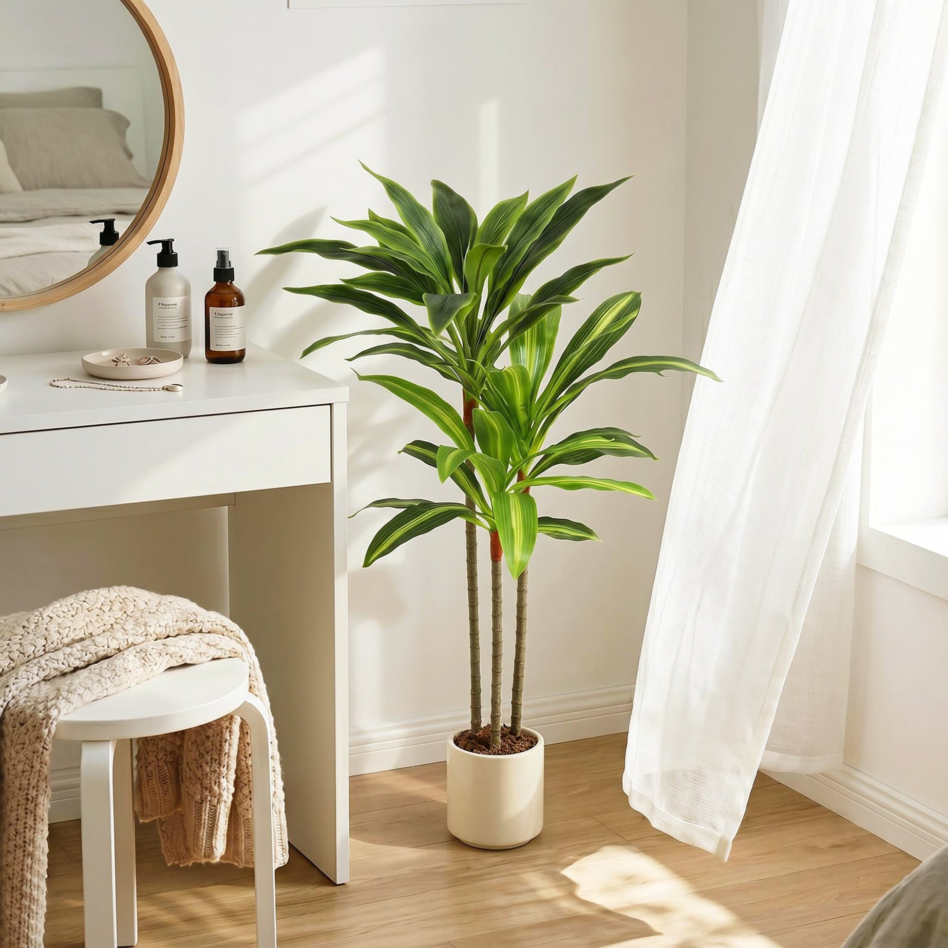 90cm Artificial Dracaena Tree, Decorative Artificial Plants with Bendable Trunks and White Planter for Living Room Bedroom Home Office Decor, Green
